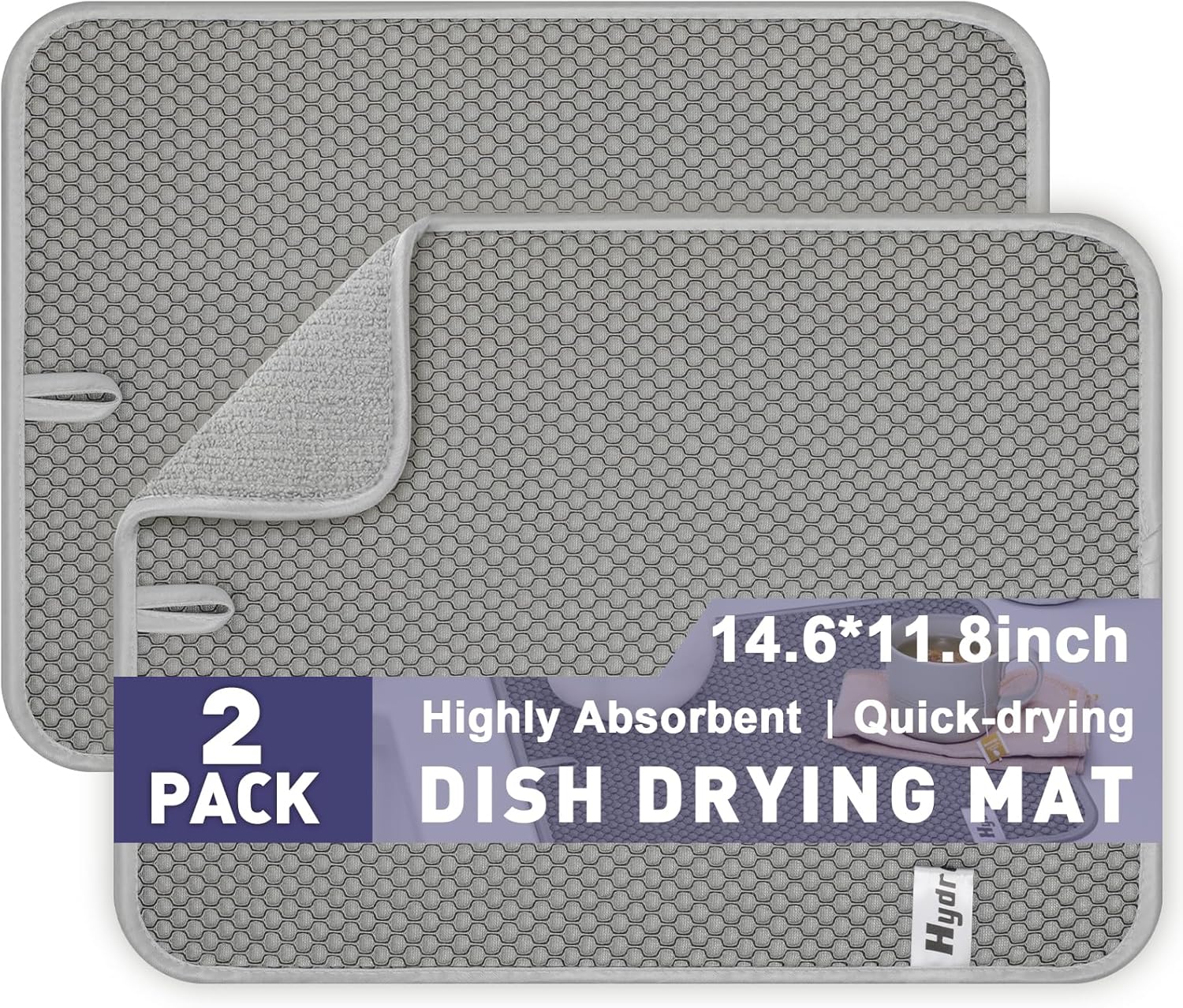 14.6*11.8 inch Microfiber Dish Drying Mat,2 Compact Ultra Absorbent Dish Mat Drying Kitchen Mat,Small Dish Drying Mats for Kitchen Counter,Draining Racks,Sinks (Gray) Gray Small