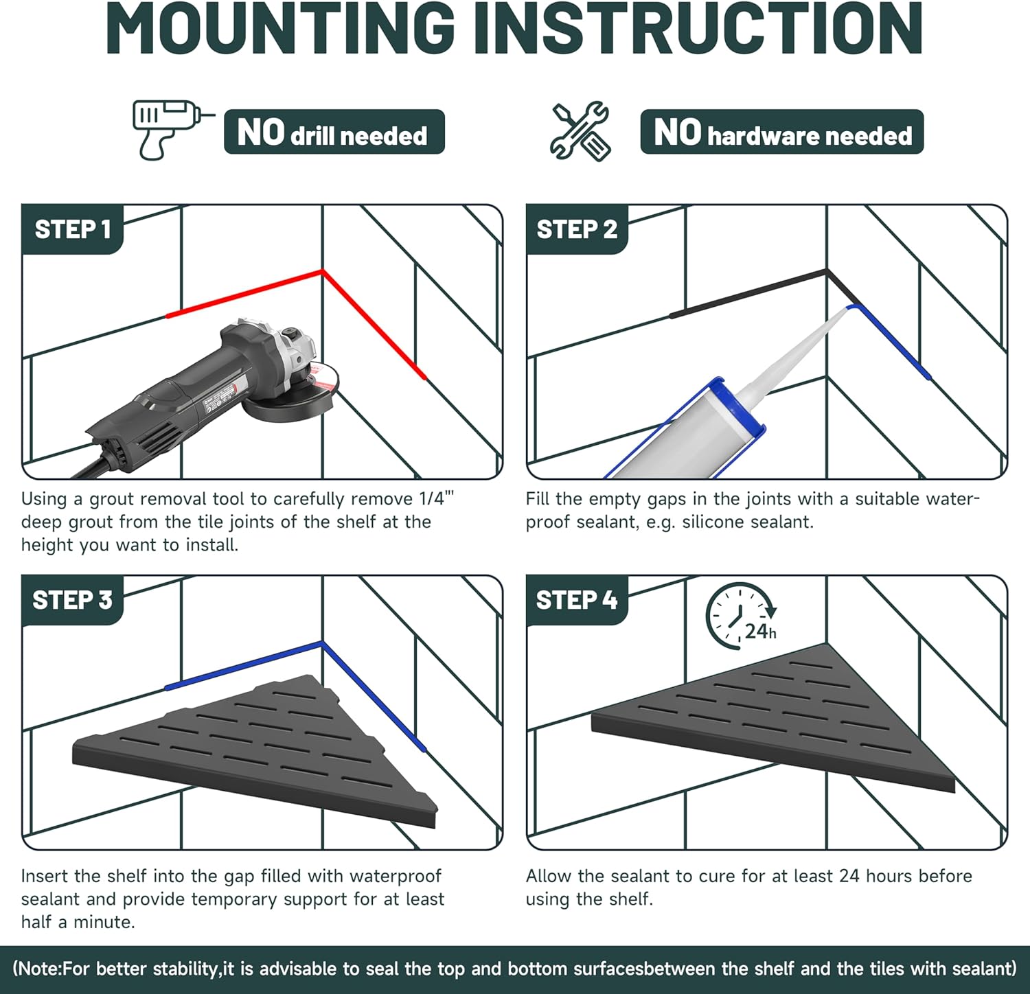 10" Corner Shower Shelf, 304 Stainless Steel Slot Design Bathroom Shower Shelf, Recessed Corner Shelves for Tiled Wall, Matte Black, 2 Pack