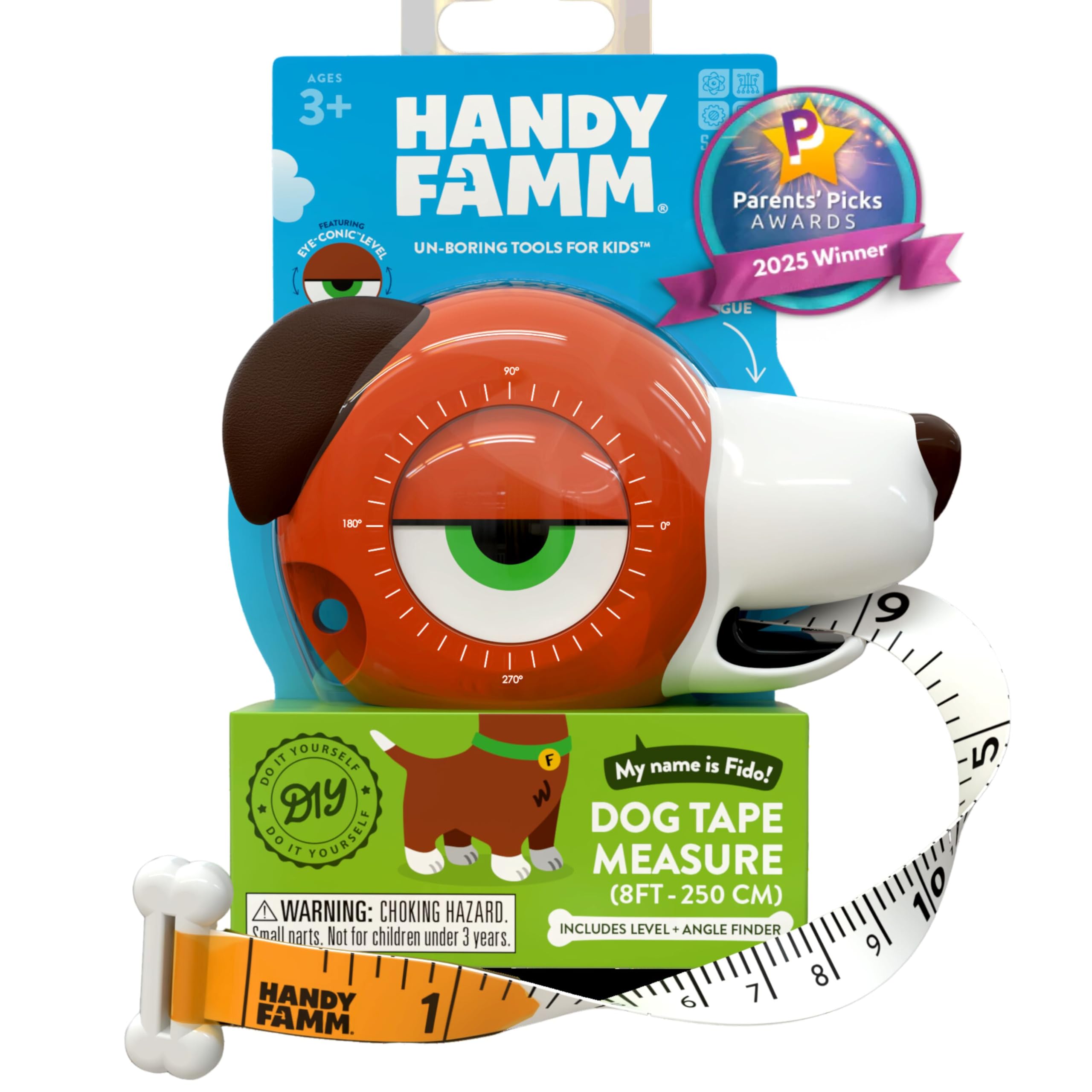 Handy Famm Fido The Dog 4-in-1 Kids Measuring Tape with Adjustable Level Eye, Angle Finder & Eraser Ears – Montessori STEM Educational Toy, Real