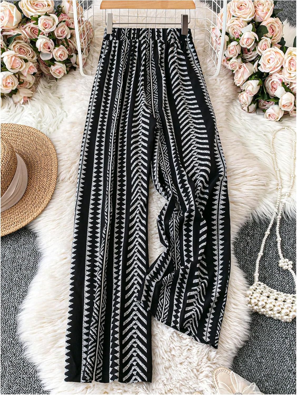 Women's Geo Print Wide Leg Palazzo Pants Casual Belted High Waisted Flowy Boho Beach Trousers - Image 2