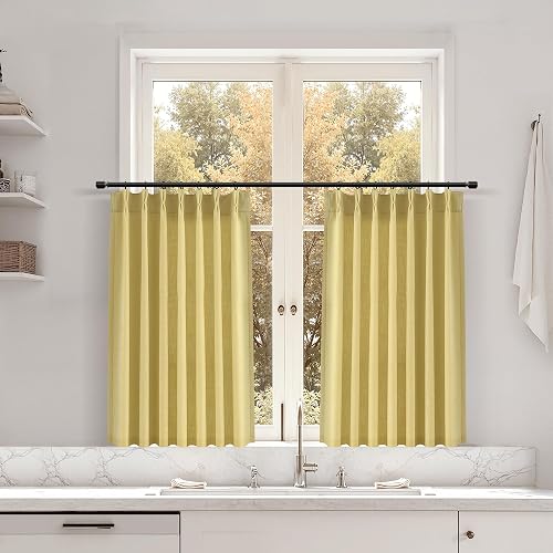Joywell Linen Pinch Pleated Kitchen Curtains 30 Inch Length 2 Panels Yellow