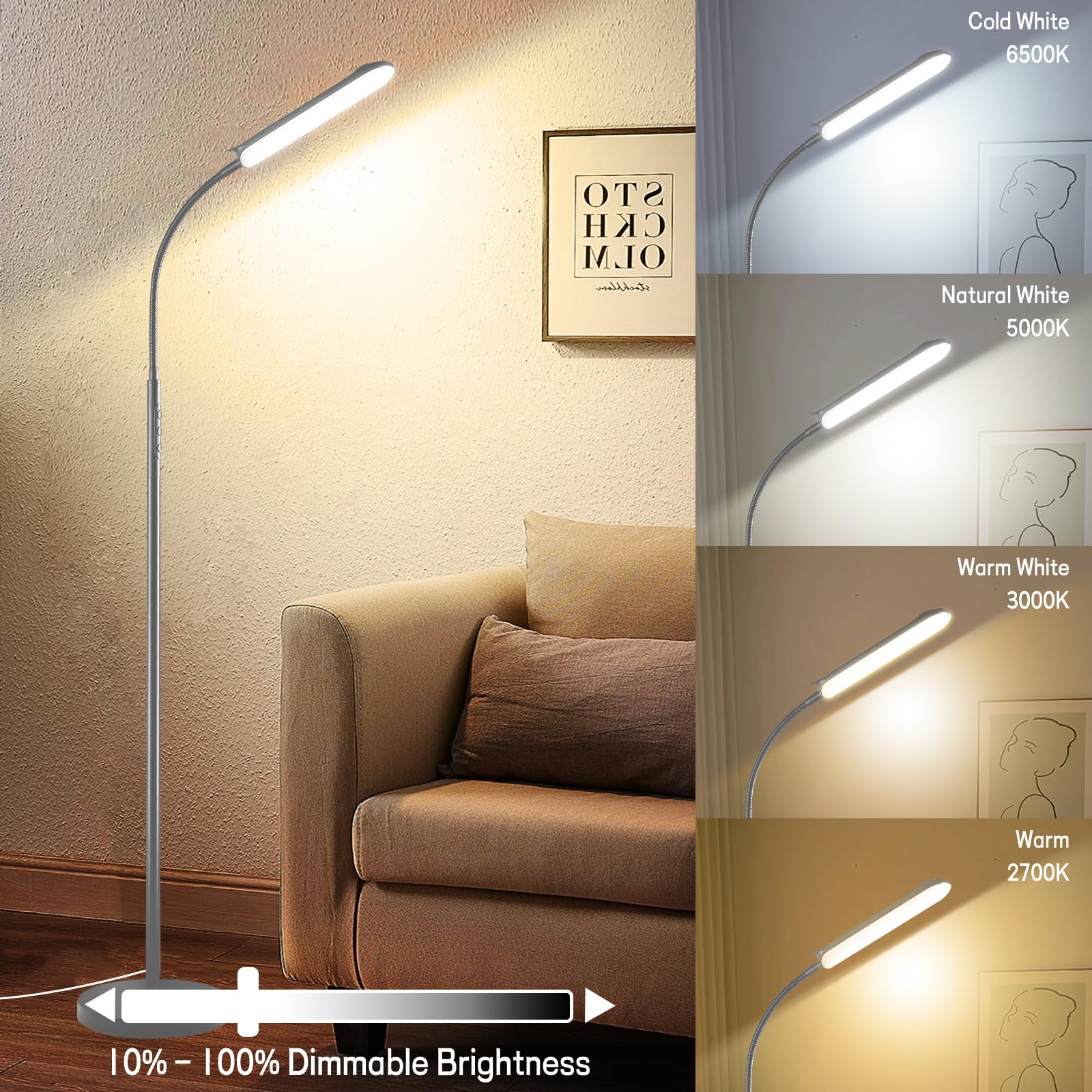 marctronic Grau LED Stehlampe Dimmbar, 18W 1800LM Stehlampe Wohnzimmer mit Fernbedienung, 165cm Stehleuchte 360° drehbar Augenschutz Leselampe Timer Standleuchte für Schlafzimmer BüRo