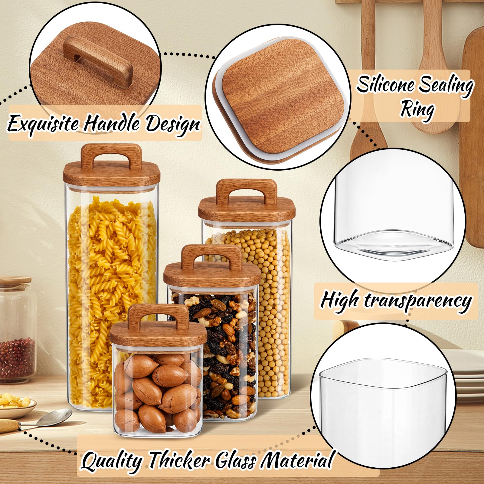 Vorratsdosen aus Glas mit luftdichtem Holzdeckel für Süßigkeiten, Kekse, Zucker, Mehl, Nüsse und Nudeln, 4 Stück mit Aufklebern und Marker
