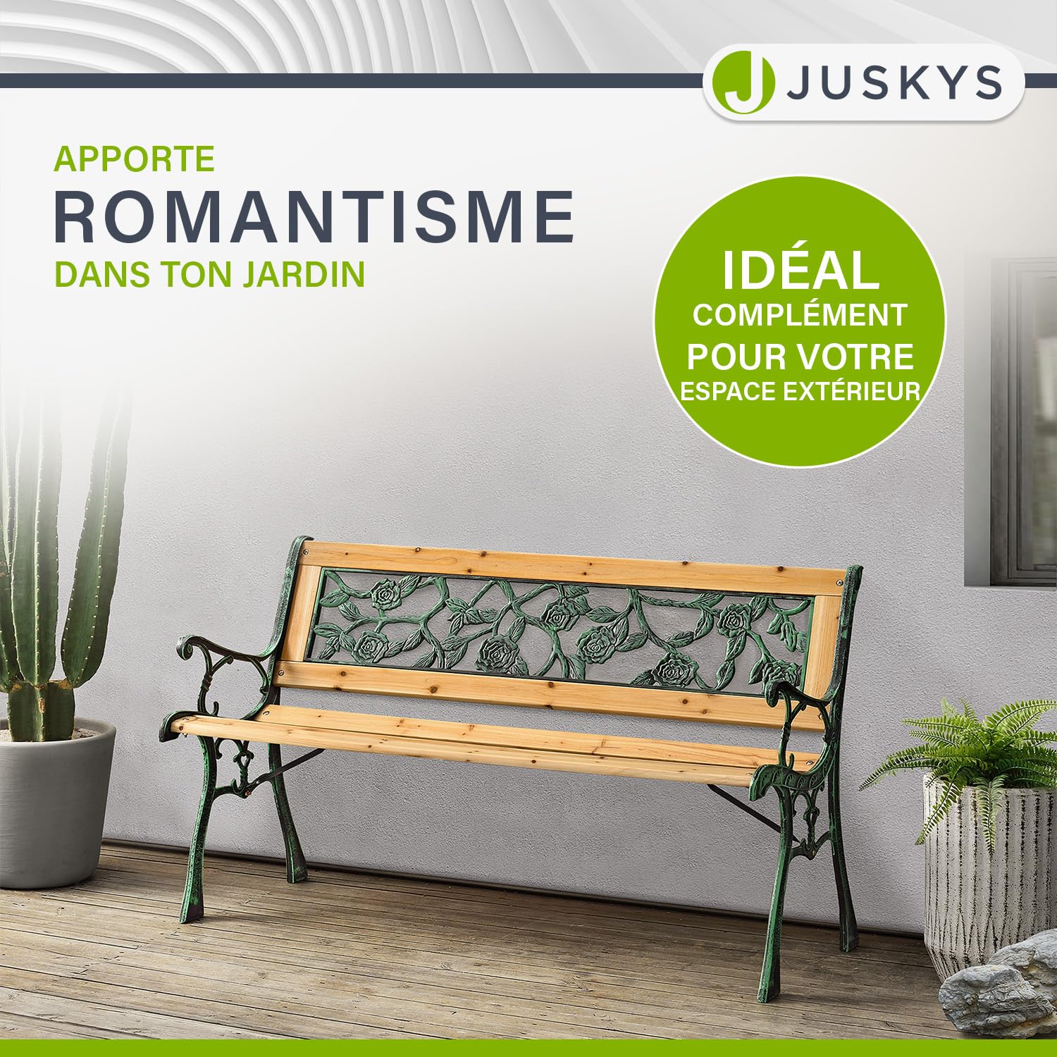 Juskys Banc de Jardin - Banc en Bois 2 Places avec accoudoirs & Dossier - Banc résistant aux intempéries 122x54x73 cm - éléments latéraux en Fonte- Naturel, Modèle Venezia