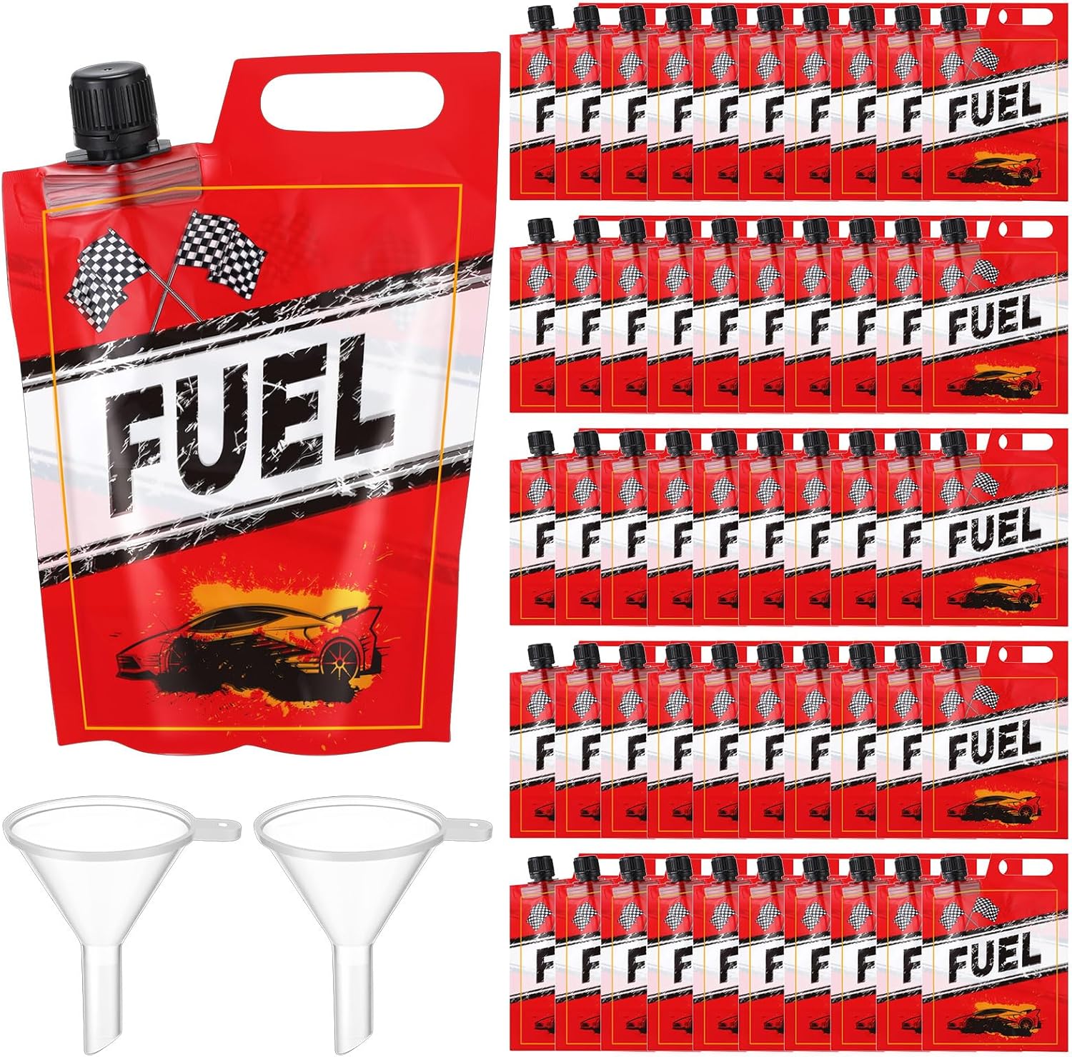 Jingmore 50 Pcs Race Car Fuel Can Drink Pouches with Funnels 15 oz Gas Fuel Can Juice Bag Racing Favor Birthday Party Decorations Supplies for Racing Car Theme Party