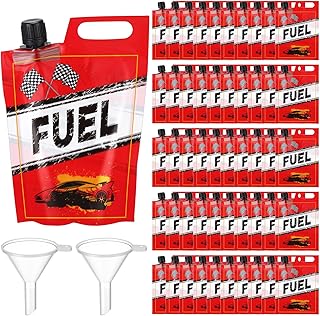 Jingmore 50 Pcs Race Car Fuel Can Drink Pouches with Funnels 15 oz Gas Fuel Can Juice Bag Racing Favor Birthday Party Decorations Supplies for Racing Car Theme Party
