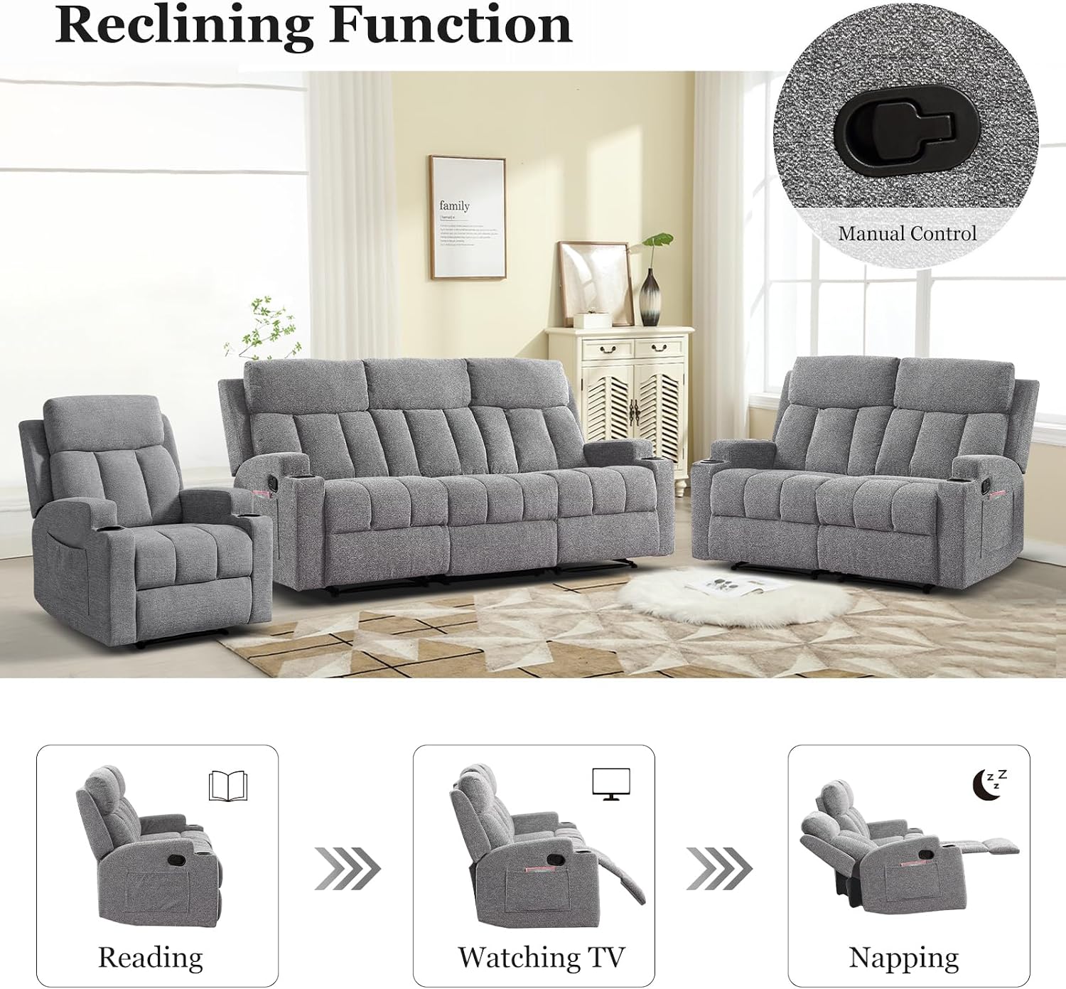 EBELLO Manual Reclining Couch Living Room Furniture Set, Recliner Sofa with Cup Holders in Armrest, Storage Side Pocket, Included 1 Manual Recliner Chair, 1 Loveseat and 1 3-Seat Sofa, Light Grey