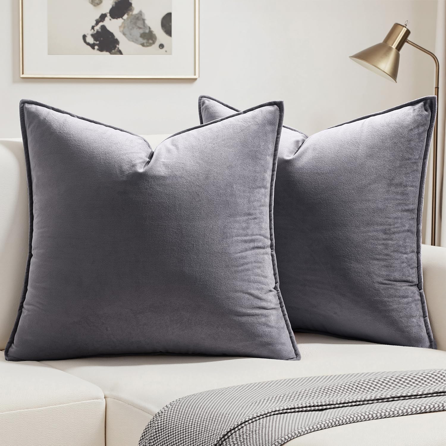MIULEEVelvet Cushion Covers 45cm x 45cm Light Grey Decorative Square Throw Pillow Covers Flanges Pillowcases Soft for Livingroom Sofa Bedroom with Invisible Zipper 18 x 18 Inch Pack of 2