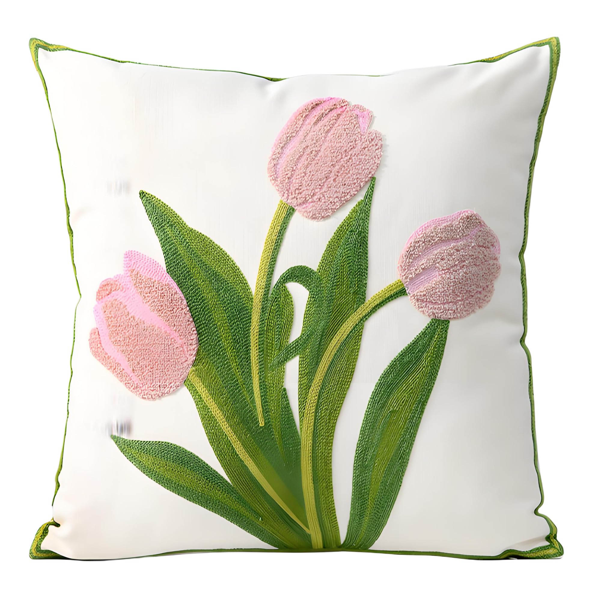 TAOSON Pack of 2,Pink Tulip Flowers Pattern Embroidered Throw Pillow Cover,Cotton Canvas Cushion Covers, Spring Farmhouse Decor, Valentine's Day Gift Square Farmhouse Floral Pillow Case 18" x18" โ image 1