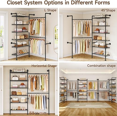 Miniatura 5 de L2 - Sistema de armario montado en la pared, perchero industrial de tubería con 2 varillas telescópicas y 6 estantes, sistema de organizadores de