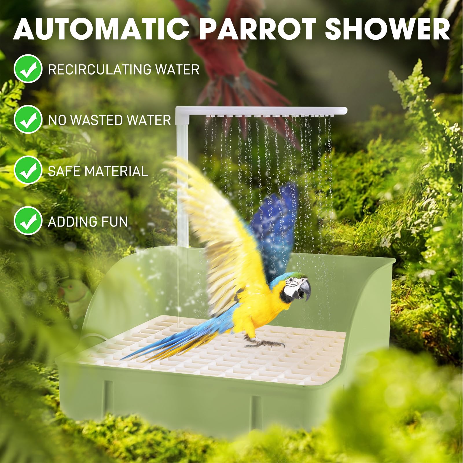 Automatische Vogeltränke Große Vogeldusche Umlaufende Große Papagei Badewanne Brunnen für Sittiche, Nymphensittiche, Sittiche, Wellensittiche, Lovebird, African Grey (Grün)