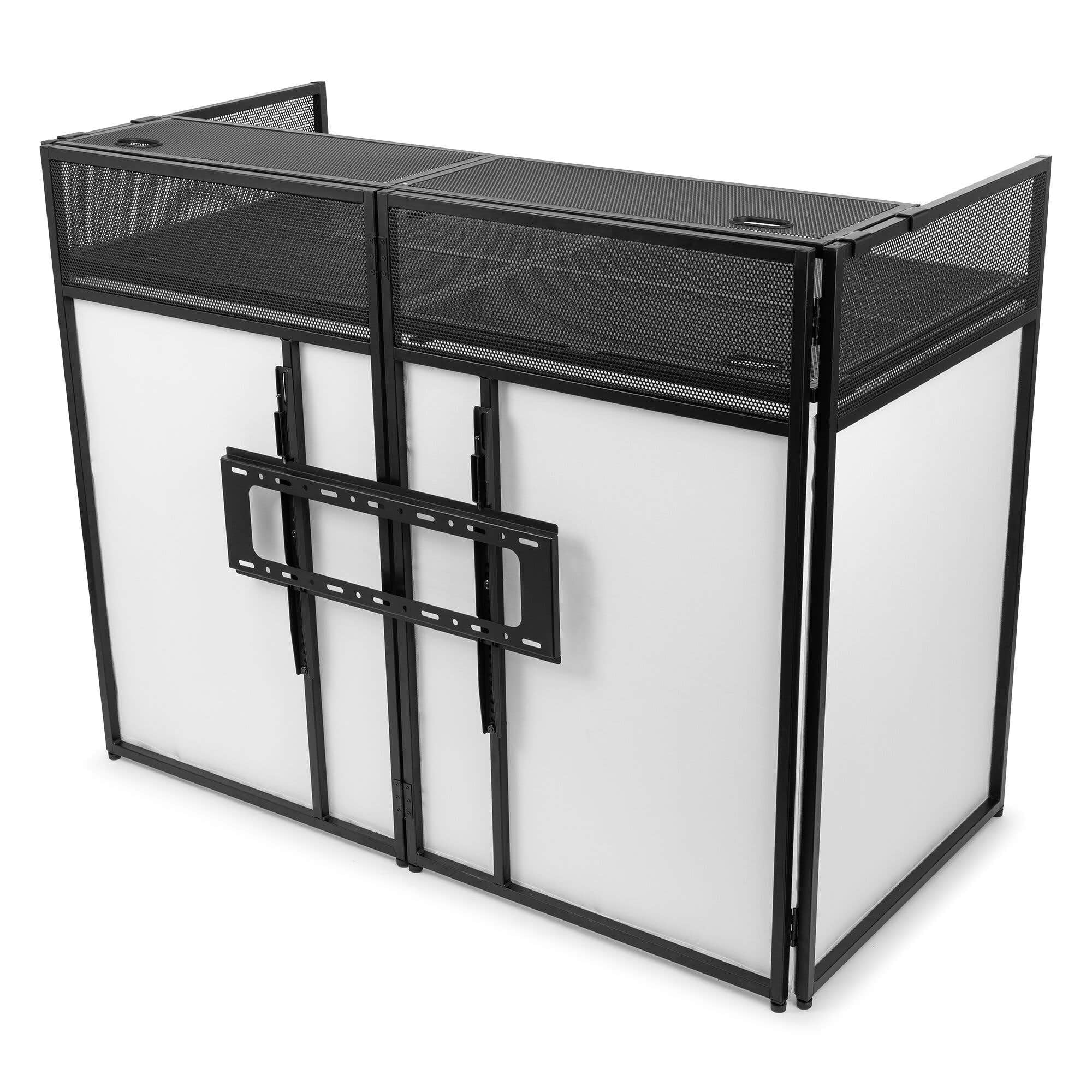 Vonyx DB6 Cabina de DJ Profesional con Soporte de TV - hasta 25 Kg, Pantalla de 65'', Licra Blanca o Negra Incluida, Bolsa de Transporte, un Sistema Completo e Ideal para DJ Profesionales, DJ Móviles