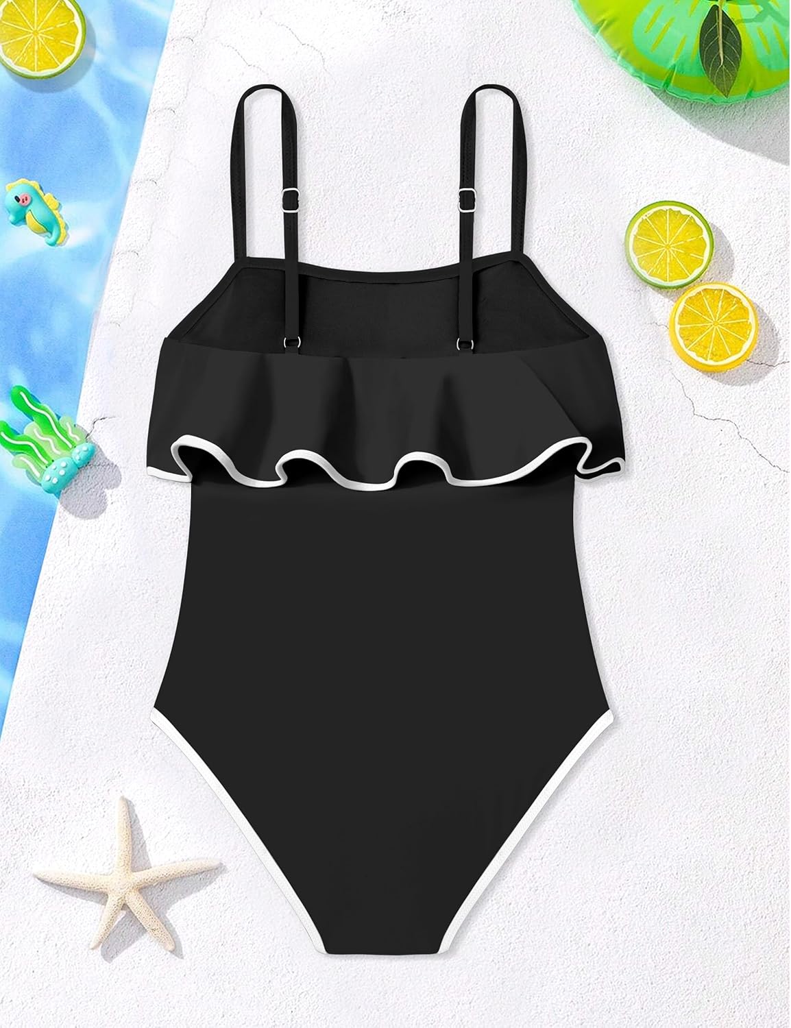 Girls Swimsuit Ruffle One Piece Swimsuits Solid Color Bathing Suit for Teens Contrast Trim Swimwear 9-16Y with Padded - Image 7
