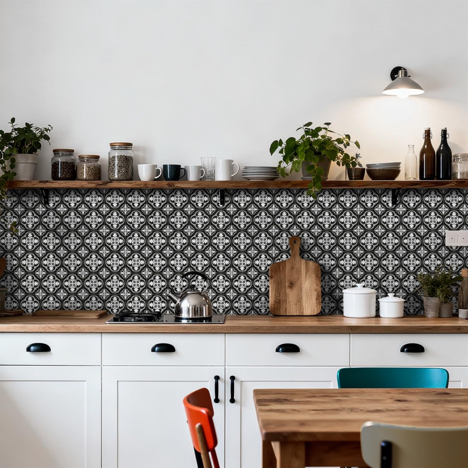 Tile Stickers Black Flower Grey Stick on Kitchen Tiles Self Adhesive Wall Tiles PVC Peel and Stick Tile Covers Transfers Oil-Proof Kitchen Splashbacks for Walls Removable 20x20cm/24 Pcs