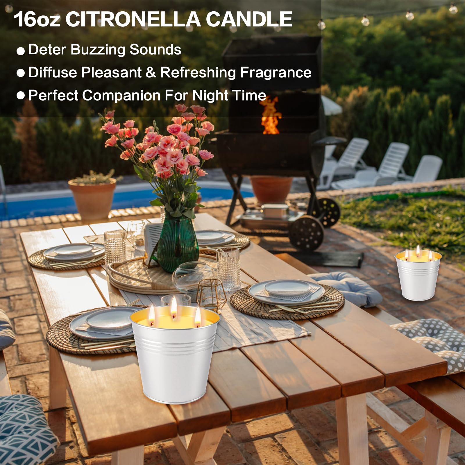 Lot de 2 bougies à la citronnelle d'extérieur de 907,2 g, seau en métal à 3 mèches, durée de combustion de 100 heures chacune, grandes bougies d'extérieur pour patio, maison, intérieur, terrasse