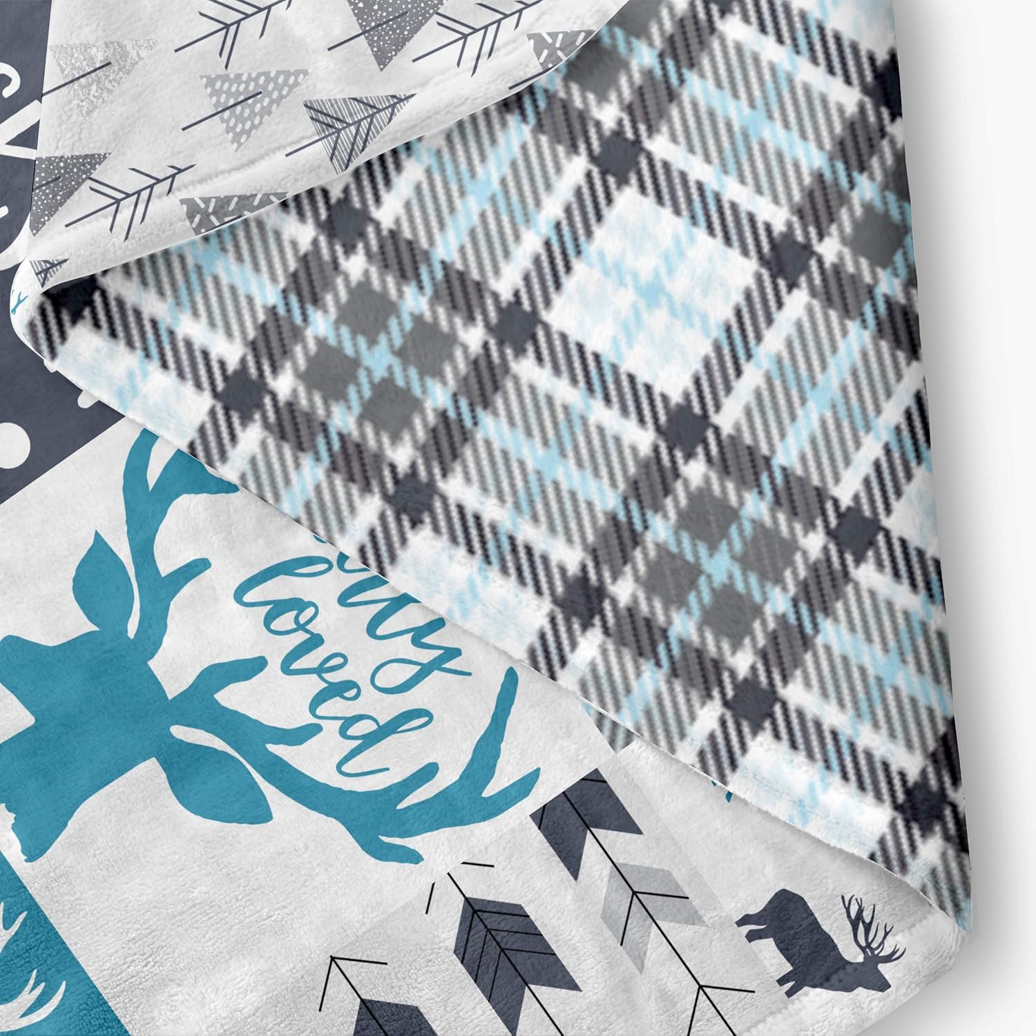 Personalized Rustic Woodland Deer Adventure Blanket in Aqua Teal and Gray for Nursery Crib Throw or Toddler Bed | Boho Baby Patchwork Themed Soft Minky Blanket for Boy or Girl