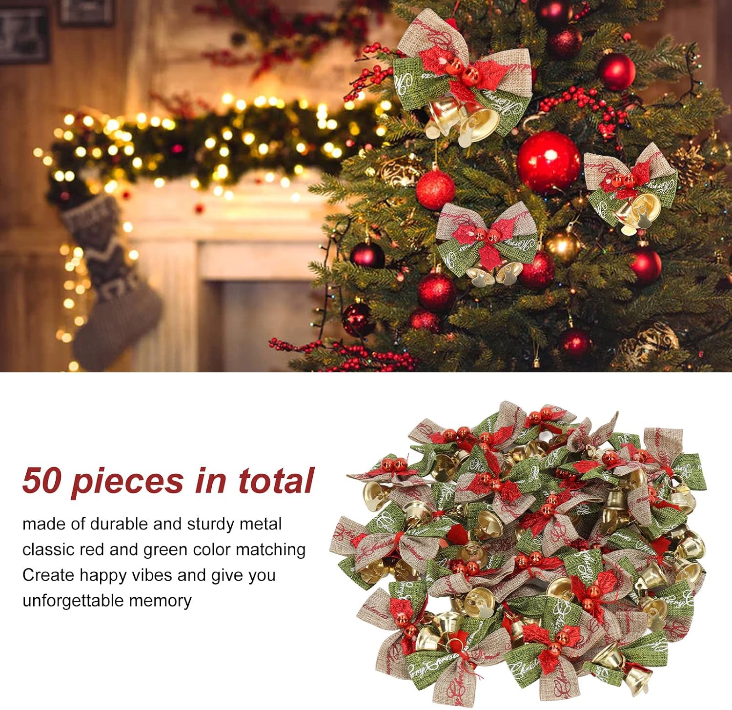 Mini Bowknot Bells 50 Pieces Red Green Metal Christmas Bells for Christmas Tree Stair Railing Garland Decor, Rustic Jingle Bells with Ribbon Shape for Gift Wrapping Office Holiday