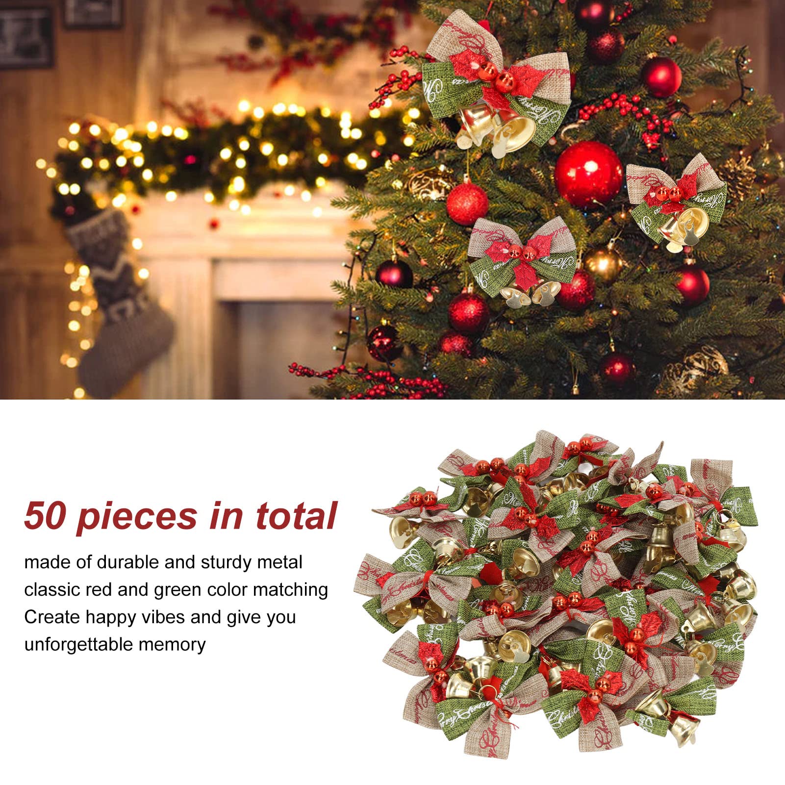 50PCS Christmas Bowknot Bells, Happy Vibes Exquisite Christmas Hanging Decor Mini Bowknot Ornament Craft for Home Party Office