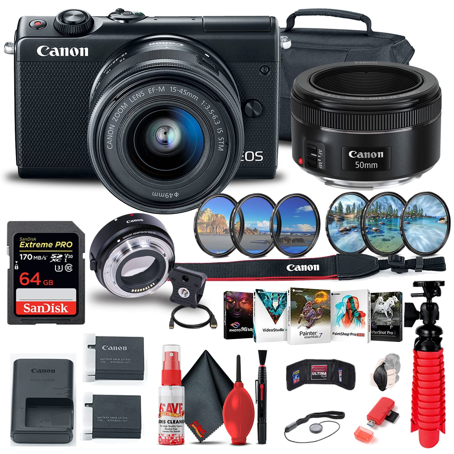Canon EOS M100 Mirrorless Digital Camera with 15-45mm Lens (Black) (2209C011) + Canon EF-M Lens Adap