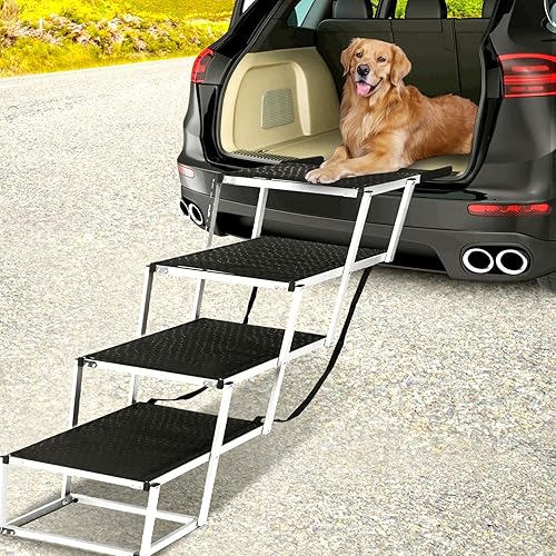 Escaleras extra anchas para perros grandes, 4 escalones plegables de aluminio ligero, rampa portátil antideslizante de 19.2 pulgadas de ancho para
