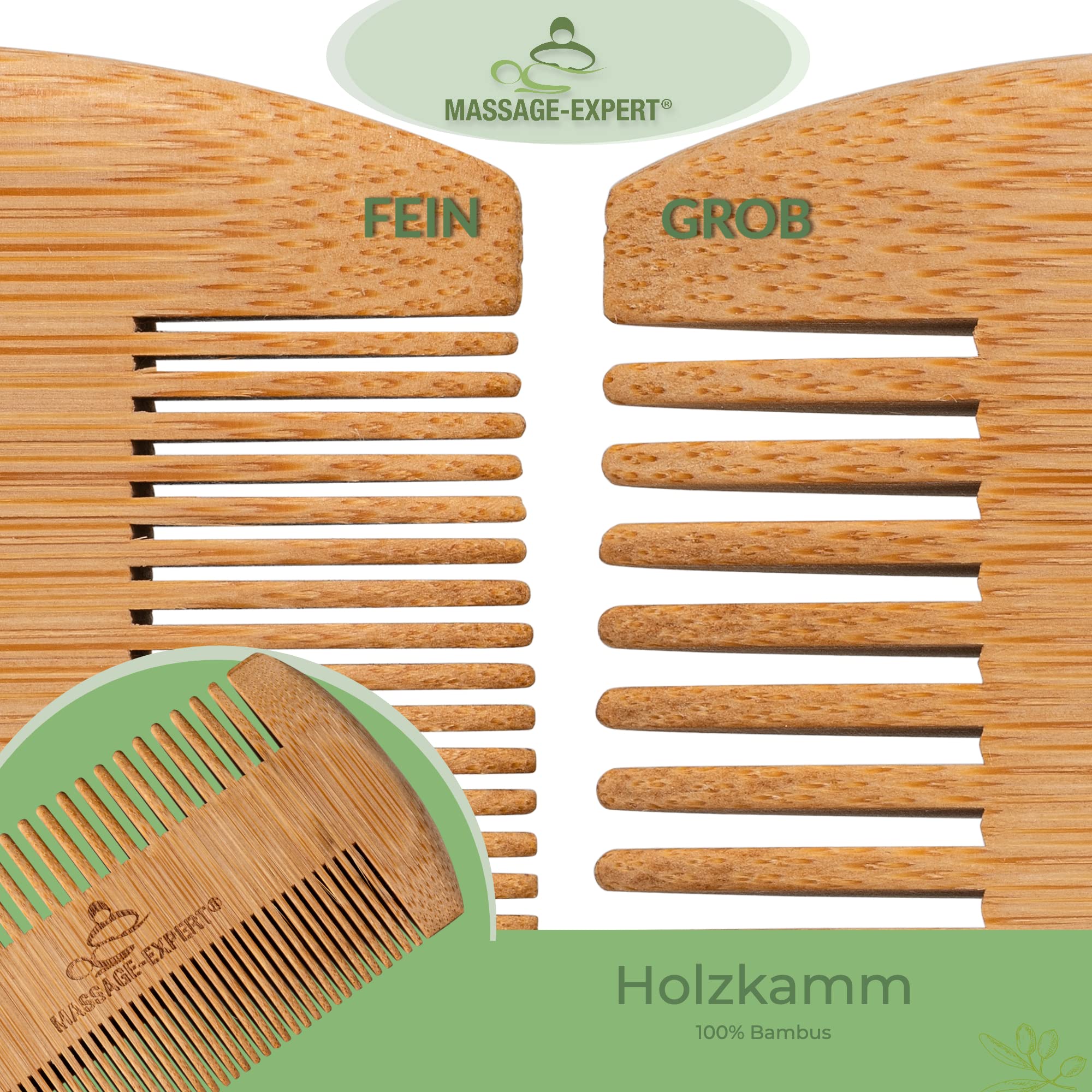 MASSAGE-EXPERT Peine de madera de bambú, grueso y fino, para el cabello, la barba, el bigote y el masaje de la piel, agradable sensación en la piel, antiestático gracias al material natural