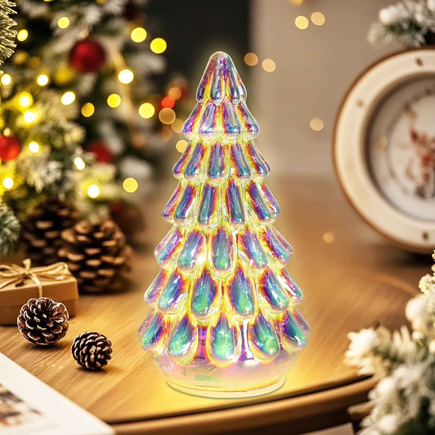 Small Christmas Tree Tabletop Decor - Glass LED Lighted Xmas Tree Ornament.            Window Home Decor Holiday Decorations.  ( Set of 4 )