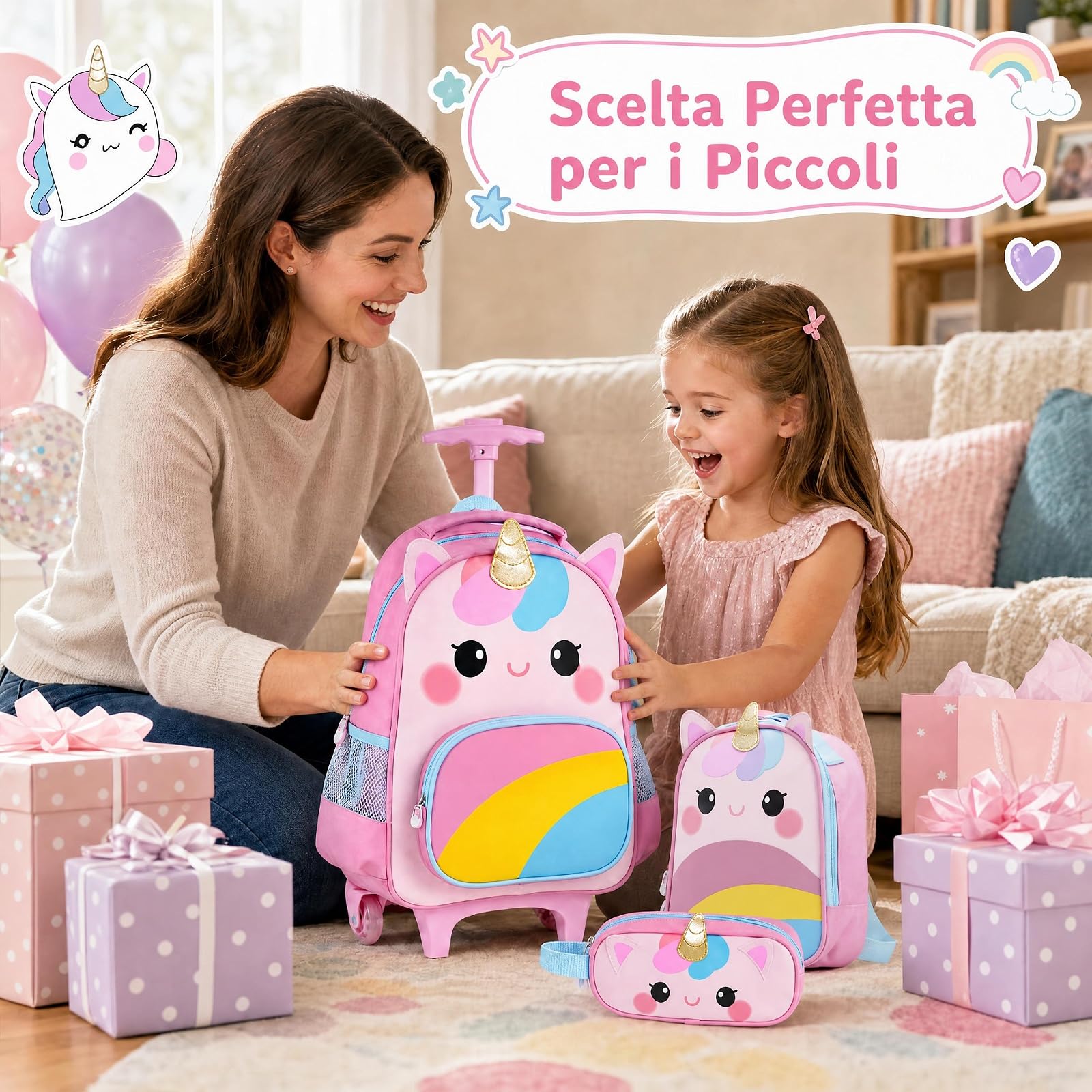 COSTWAY Set di 3 Zaini con Ruote per Bambini 3+ Anni (Modello 2) | 3 in 1 Zaino Trolley da Scuola con Borsa per Pranzo e Astuccio per Matite, Maniglia Retrattile e Portabicchieri Laterale
