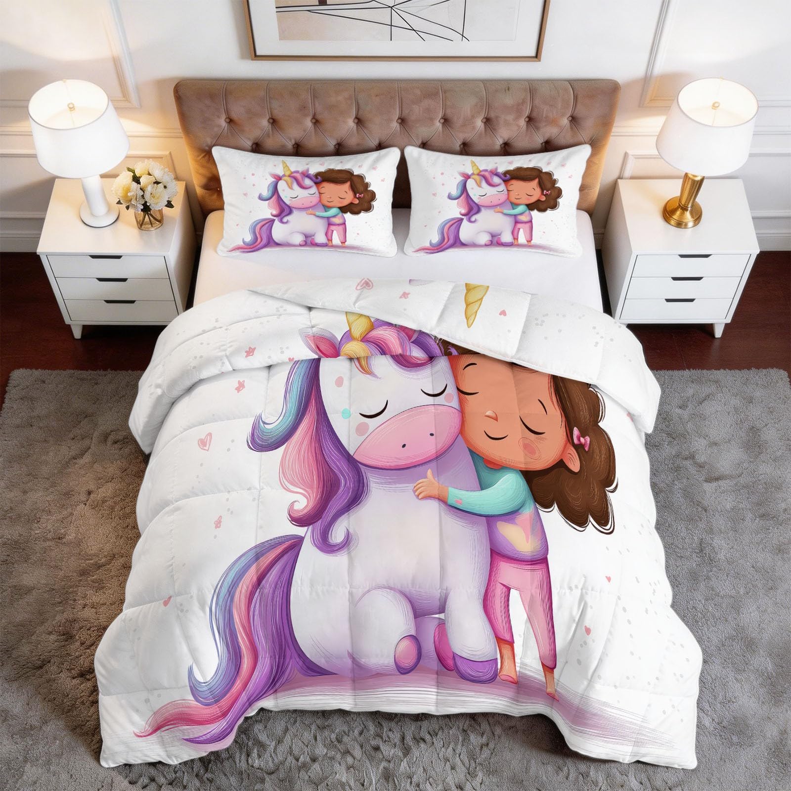 Generico Piumone Invernale 140 x 200 cm Carina Unicorno Bambina Trapunta in Ecopiuma 400 gr/mq, Caldo ed Elegante – Biancheria da Letto Anallergica e Traspirante – Set 3 Pezzi, Viola