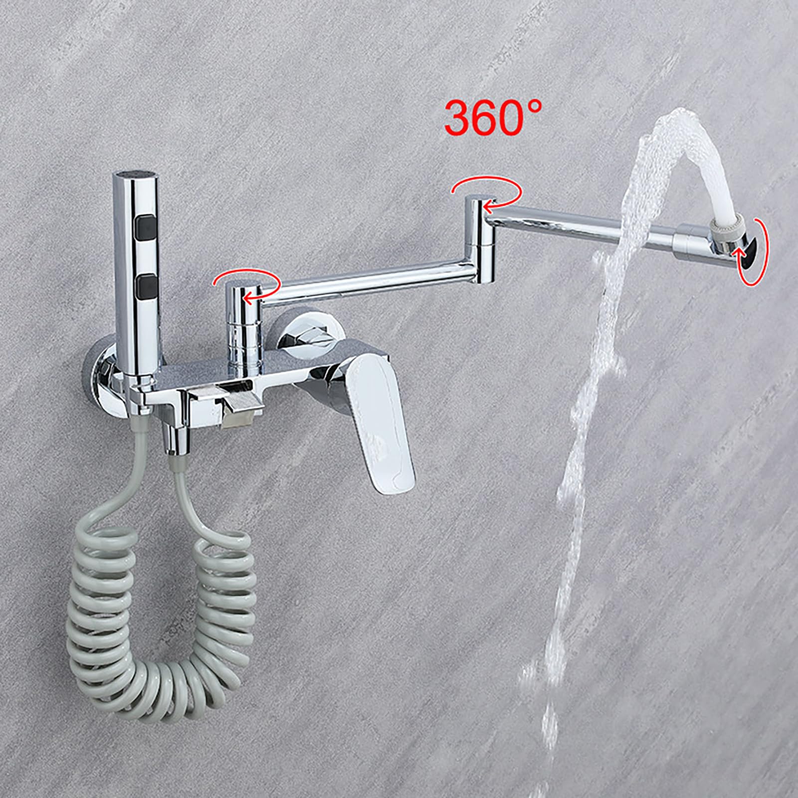 Grifo Cocina Pared Grifos Baño con Pistola Pulverizadora Grifo Cocina Abatible con 2 Chorros de Agua Latón,Gris