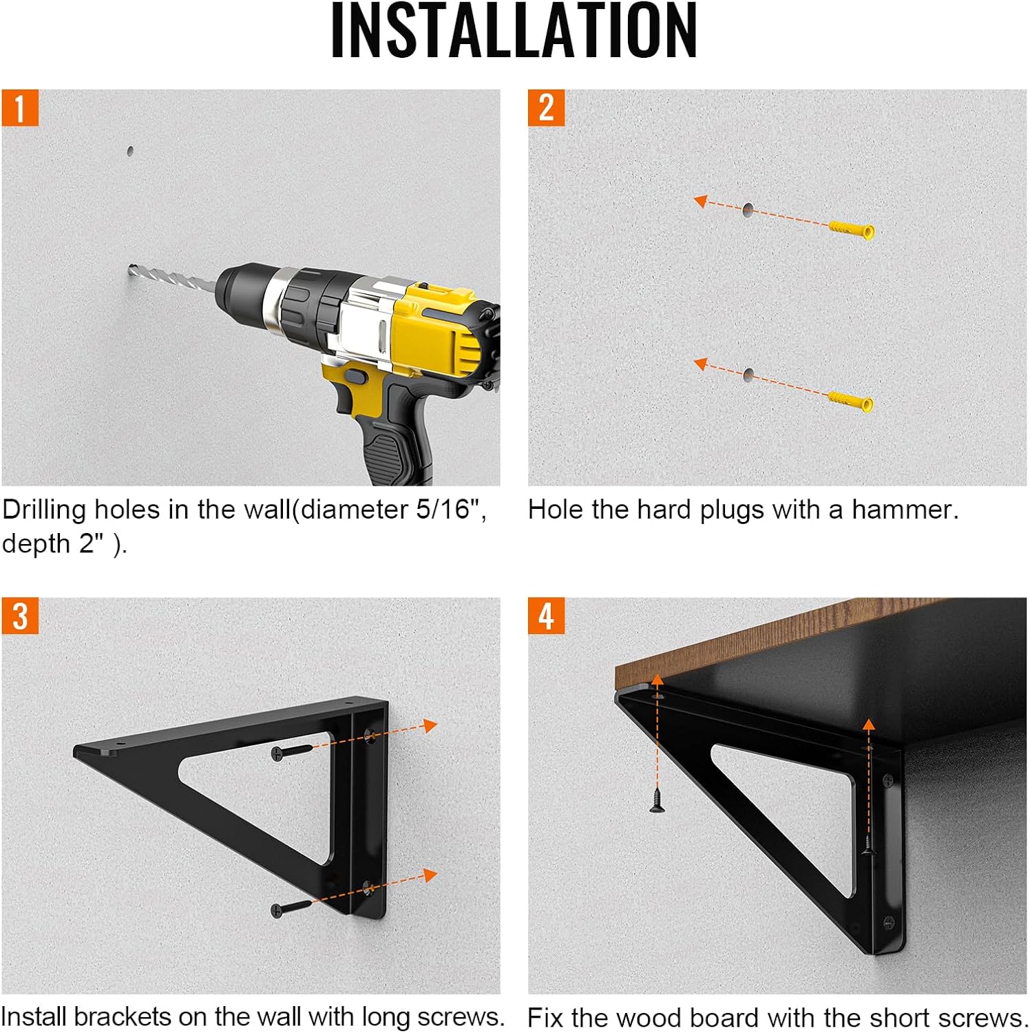12-Inch Black Shelf Brackets, Heavy Duty Wall Mounting L Shelf Bracket for Floating Shelves, 2 Pack
