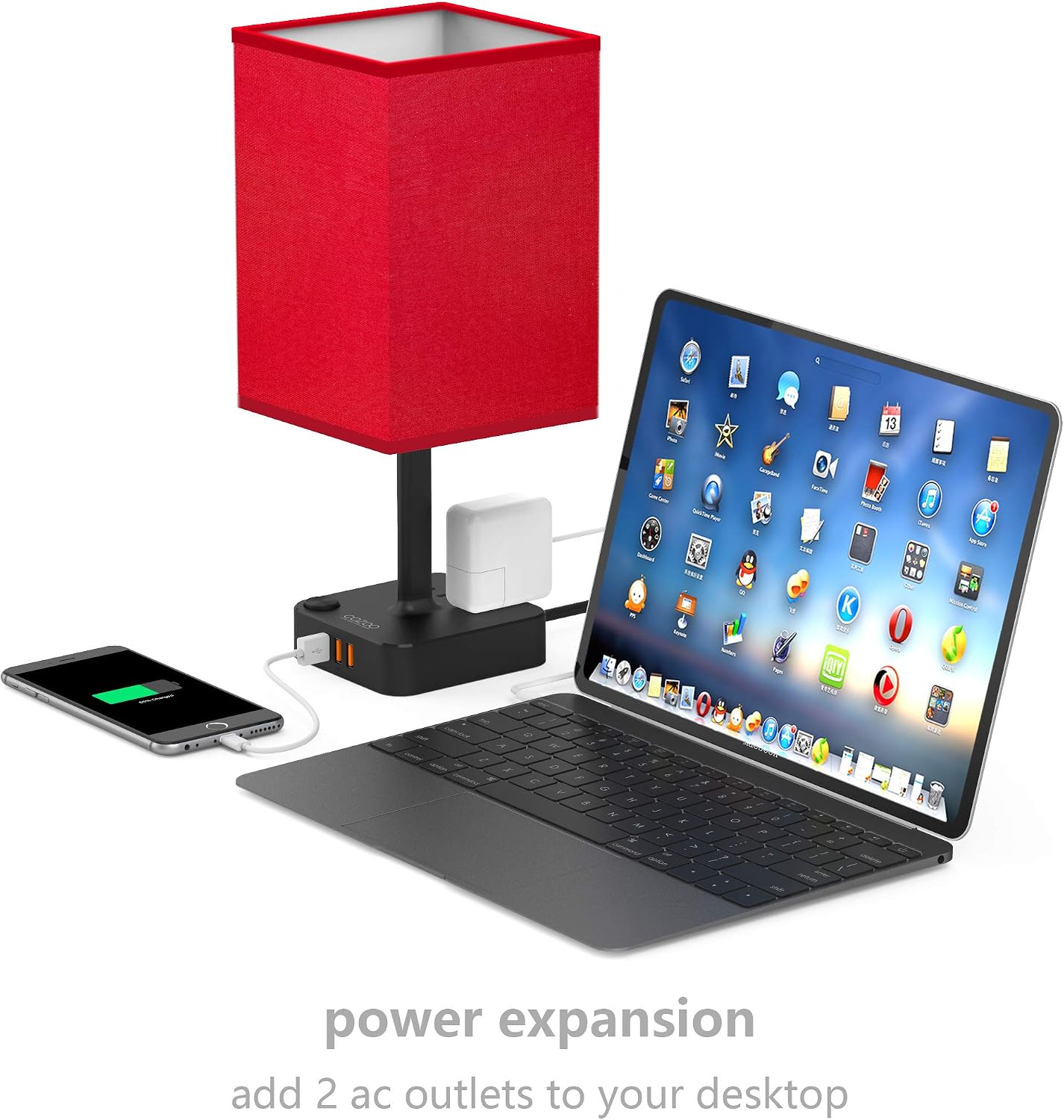 COZOO USB Bedside Table Desk Lamp with 3 USB Charging Ports and 2 Outlets Power Strip,Black Charger Base with White Fabric Shade, LED Light for Bedroom/Nightstand/Living Room (Red)