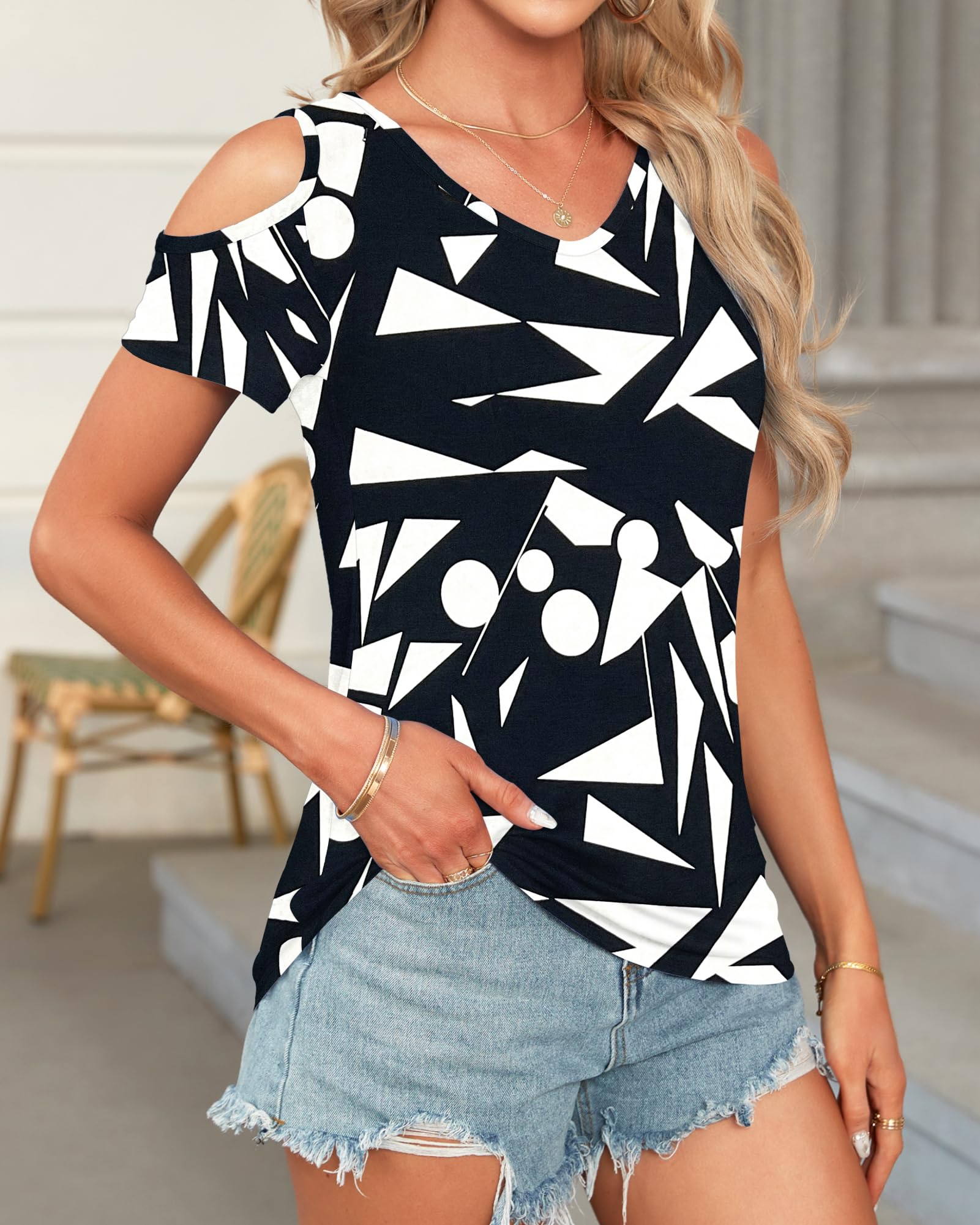 WNEEDU Magliette Donna Estive Manica Corta T Shirt con Scollo a V Senza Spalline Top Maglia Elegante