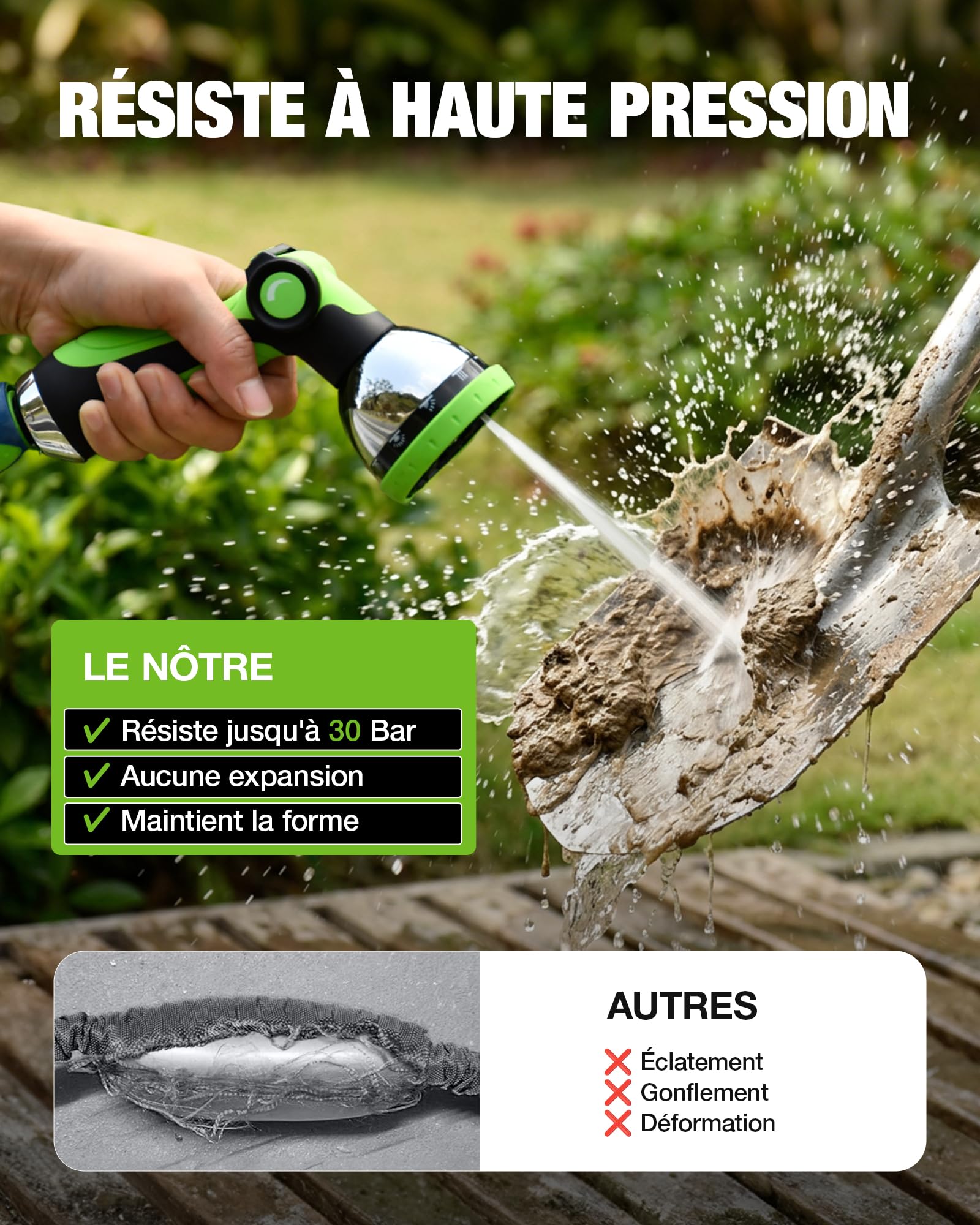RAINPOINT Tuyau d'Arrosage Flexible 30m, Tuyau d'Eau Léger en TPE, Tissu Oxford 800D, Pression 30 Bar, Pistolet 10 Jets, Raccords 1/2" & 3/4"