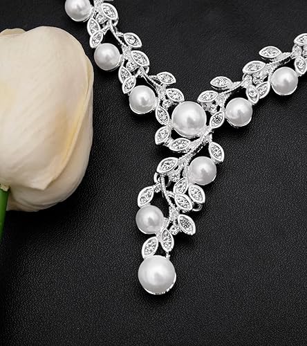 Miniatura 7 de CSY - Elegante juego de joyería con collar, aretes y pulseras en forma de hojas, adornos de diamantes de imitación para novia, dama de honor,