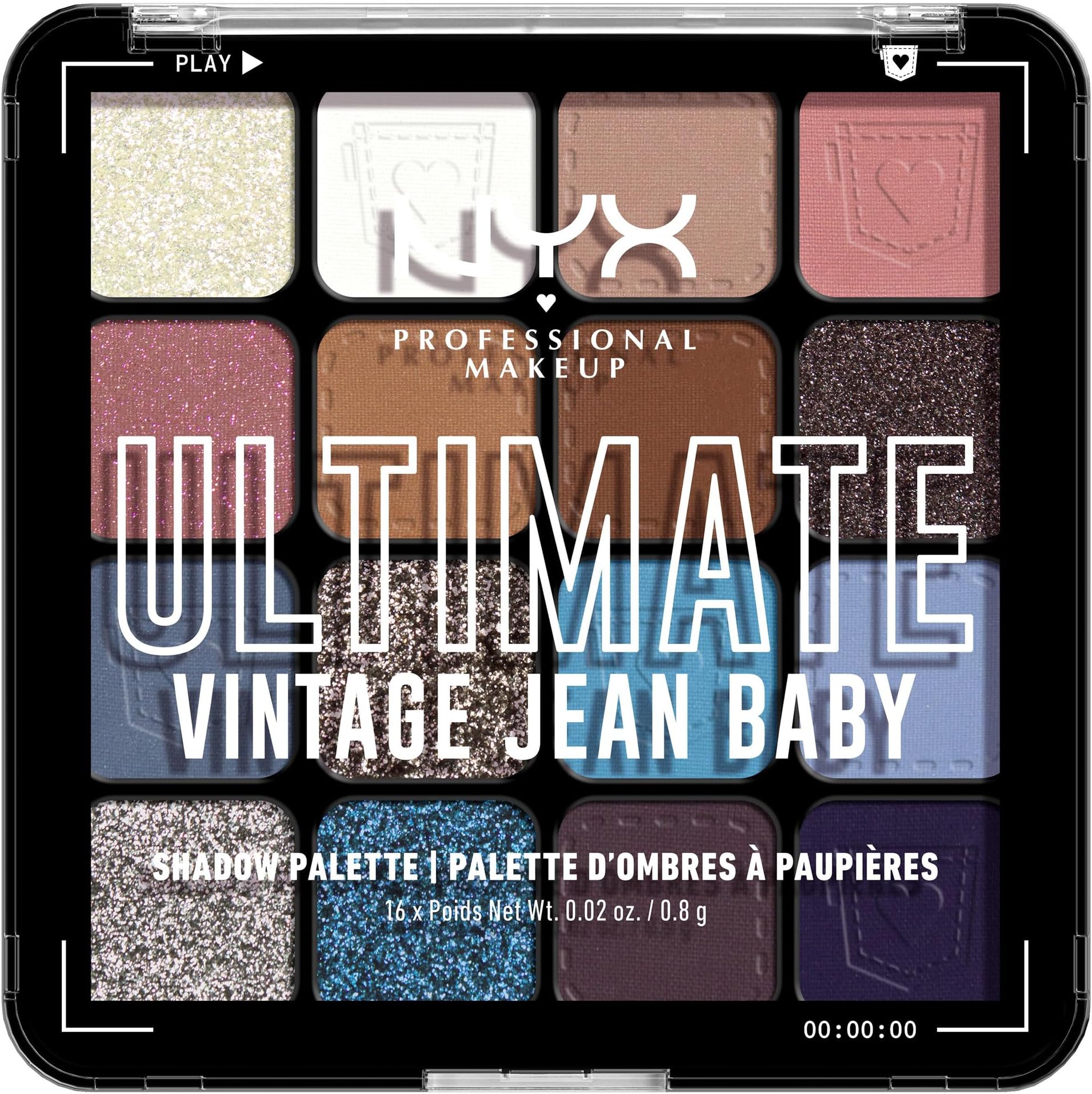 NYX Professional Makeup Ultimate Shadow Palette, 16 Vibrant True-To-Pan Eyeshadow Shades, Metallics, Shimmers, Colours and Nudes in Pressed Pigments, Vegan, Vintage Jean Baby, 0.8 g
