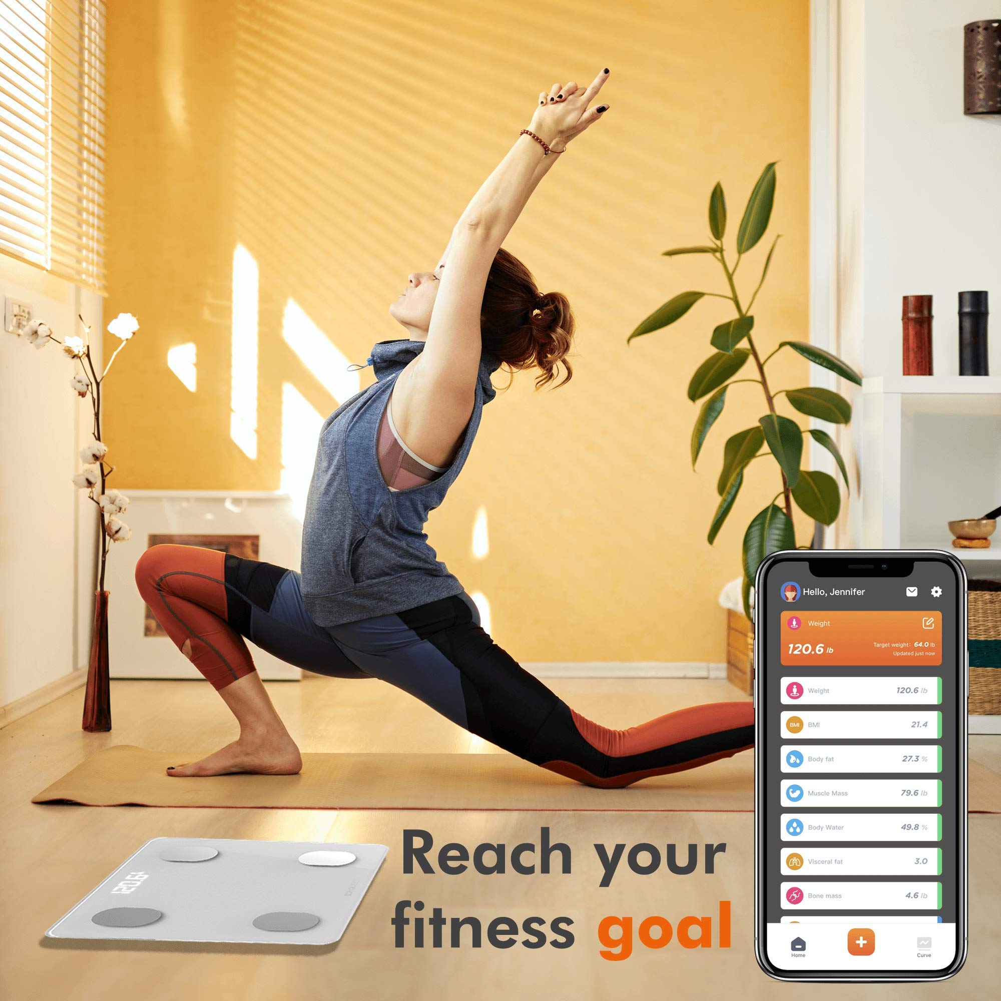 Konquest Báscula de baño digital inteligente, inalámbrico, Bluetooth, BMI, peso corporal, grasa, analizador de composición corporal con aplicación para smartphone (400 libras) (blanco)