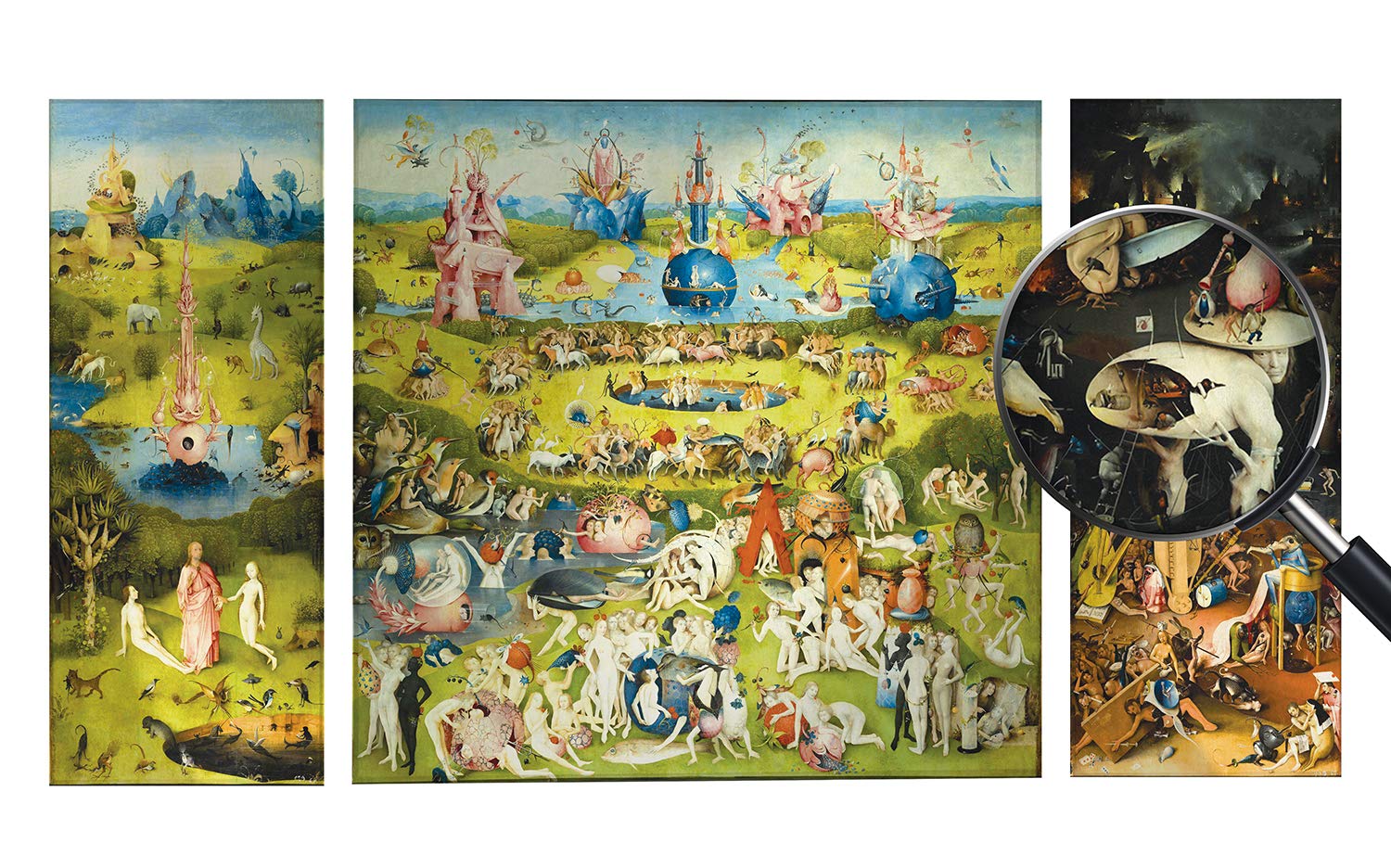 Giallobus - Cadre Multi-Panneaux 3 pièces - Le Jardin des délices - Impression sur Verre plexiglass Acrylique - prêt à accrocher - 40x100 cm - 100x100 cm - 40x100 cm