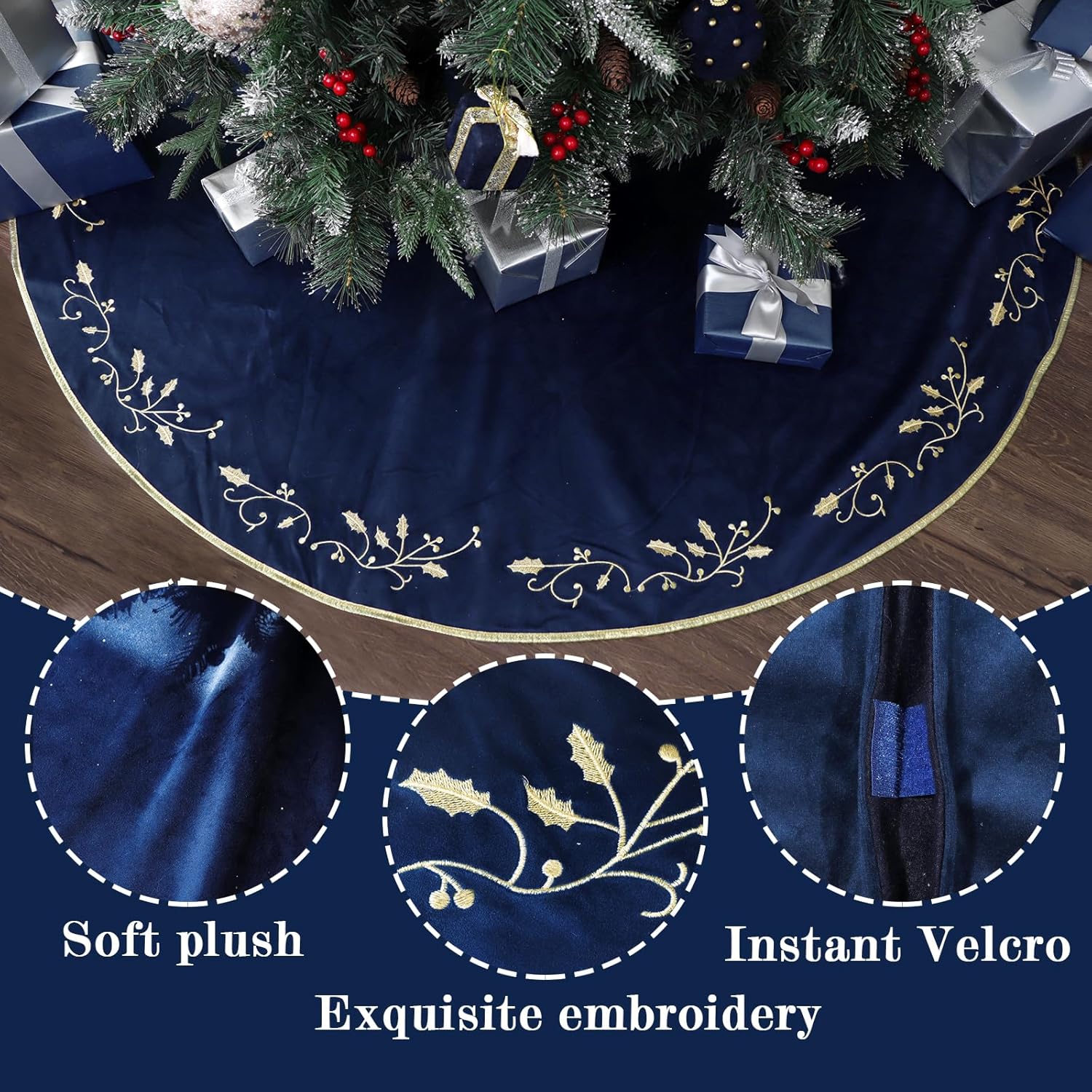 Bunny Chorus Christmas Tree Skirt, 60 inches Large Velvet Fur Plush Blue Tree Skirt, Xmas Tree Skirts with Gold Embroidered Holly Leaf for Merry Christmas Party Christmas Tree Decorations