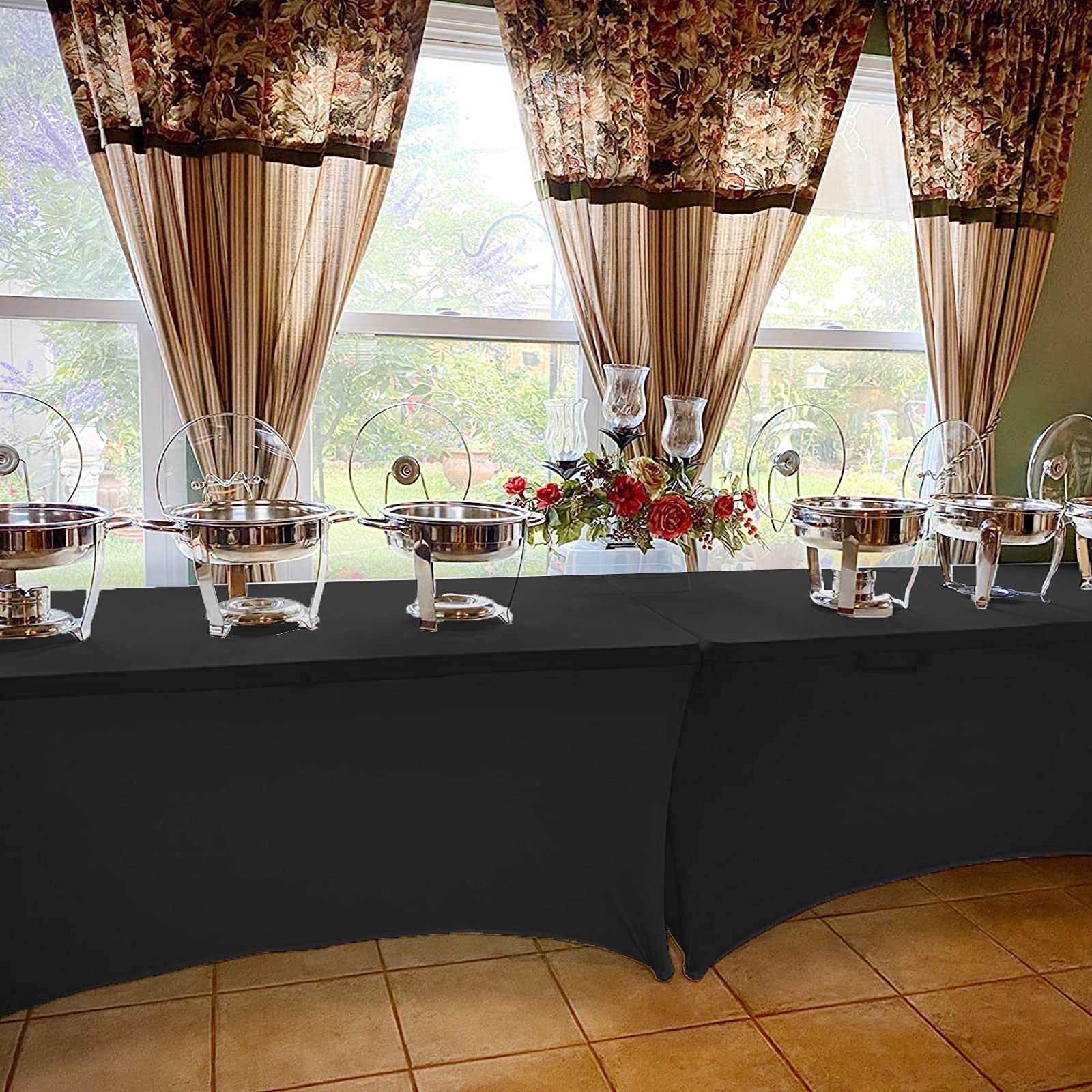 3piezas de 6pies de Spandex Negro para Mesa, Mantel elástico de Spandex, Mantel de cóctel Rectangular, Ropa de Mesa Negra Ajustada Antiarrugas Lavable para Bodas/Fiestas de cumpleaños(Negro)