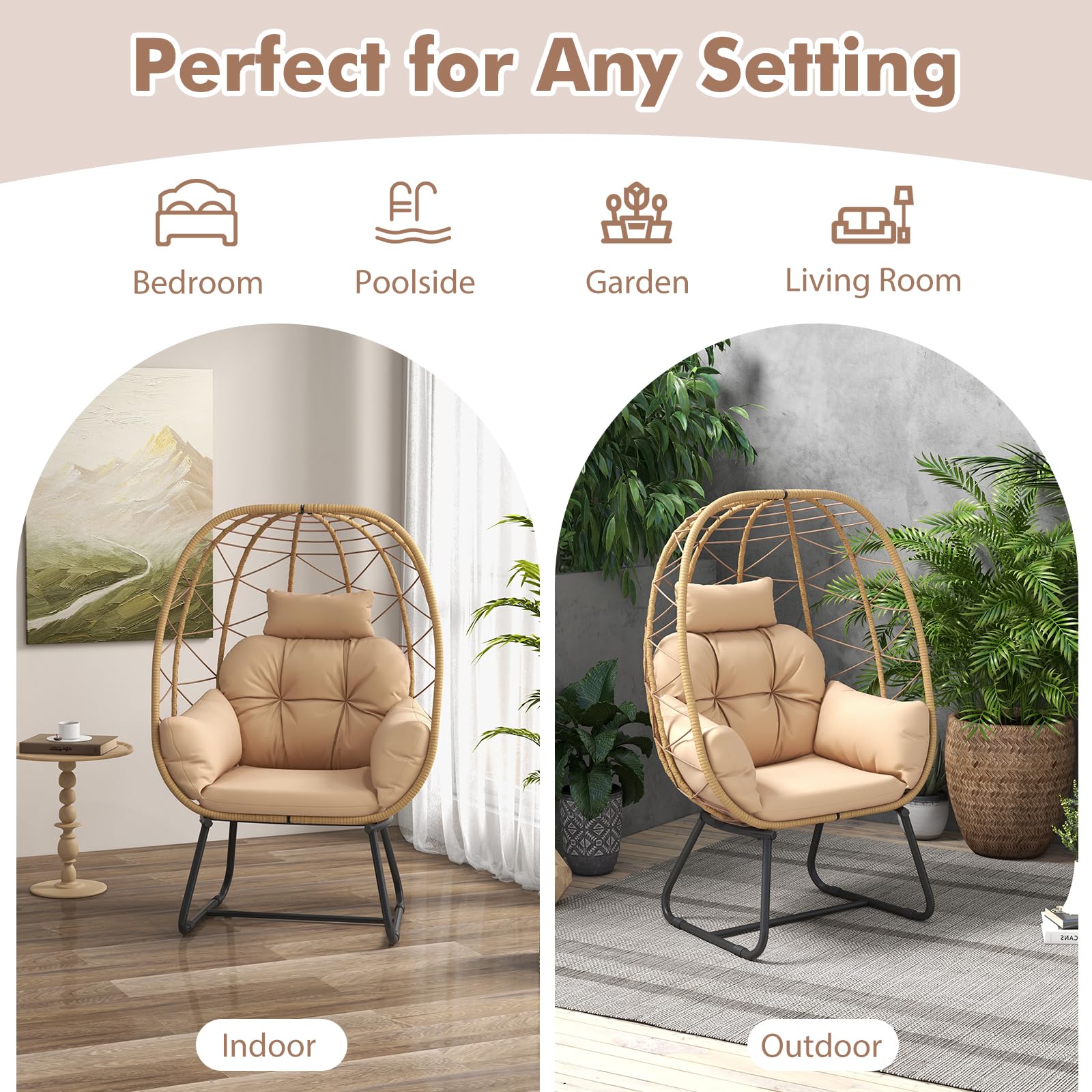 COSTWAY Korbsessel Rattan, übergroßer Loungesessel mit abnehmbarem Kissen & Metallgestell, Gartensessel, Rattansessel für Balkon, Garten, Terrasse, Wohnzimmer (Beige)