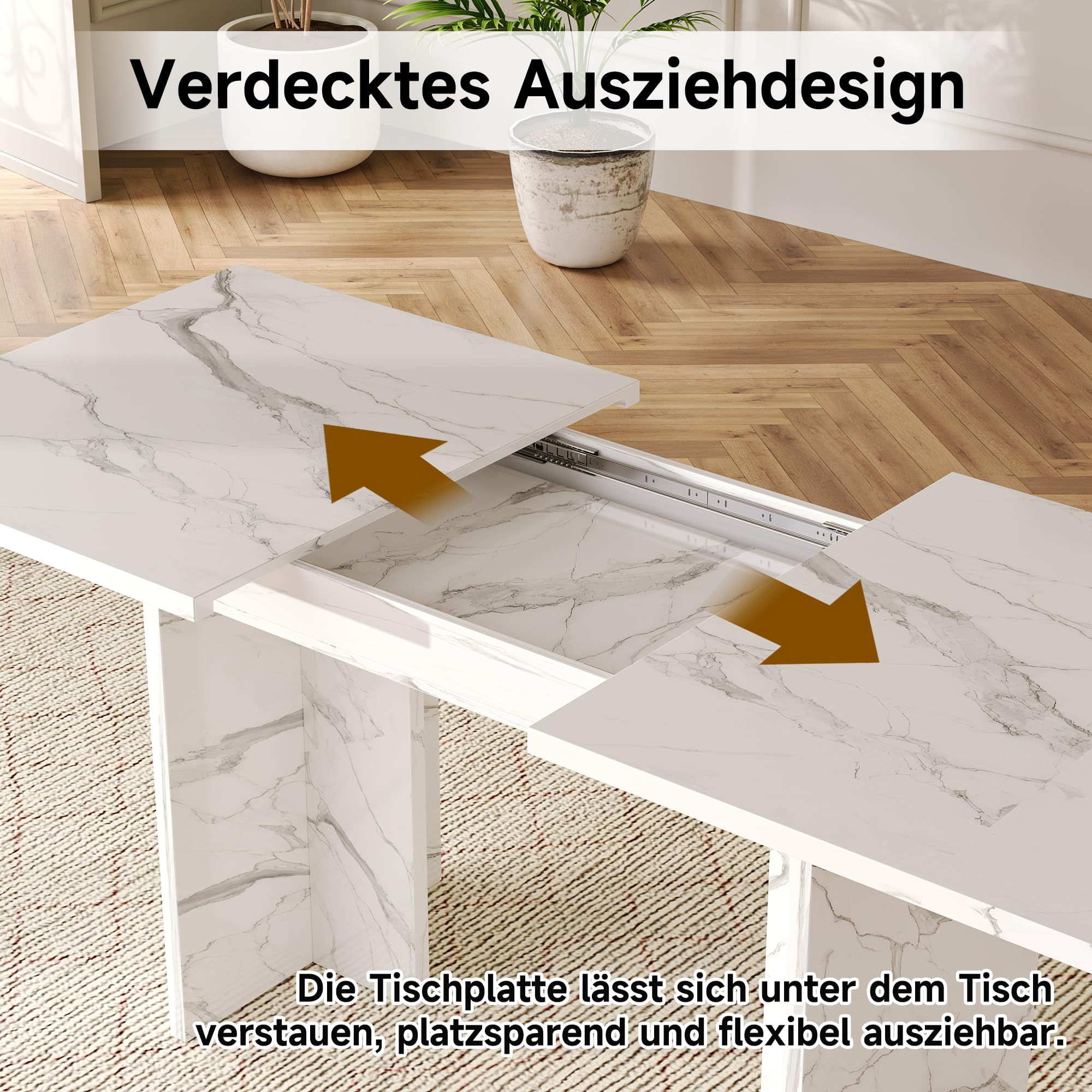 Rozsuwany stół do jadalni 140-180 x 80 cm dla 6-8 osób, wygląd białego marmuru, stół kuchenny z płytą MDF o grubości 30 mm, stabilny stół rodzinny do jadalni i kuchni