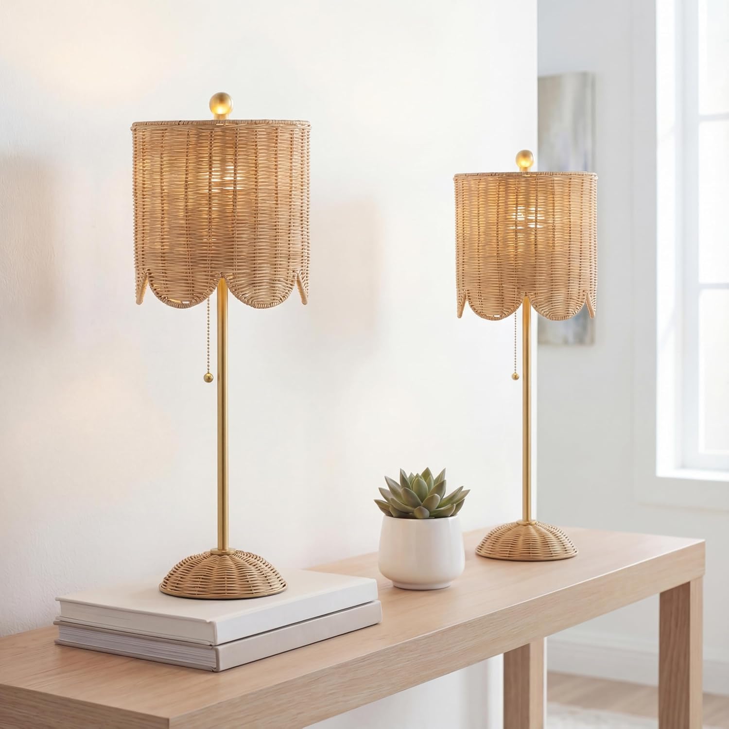 JONATHAN Y 27.5" Brass Gold Coastal Buffet Table Lamp Set of 2 for Bedroom, Boho Table Lamps with Natural Rattan Scalloped Shade, Pull Chain, LED Bulbs Included JYL1138A-SET2