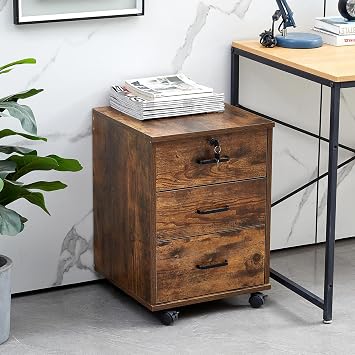 OFCASA 3 Drawer File Cabinet with Lock, Small Rolling Filing Cabinets for Home Office, Wood Under Desk File Cabinet with Wheels, Mobile Storage Organizer, Printer Stand for Letter/Legal, Rustic Brown