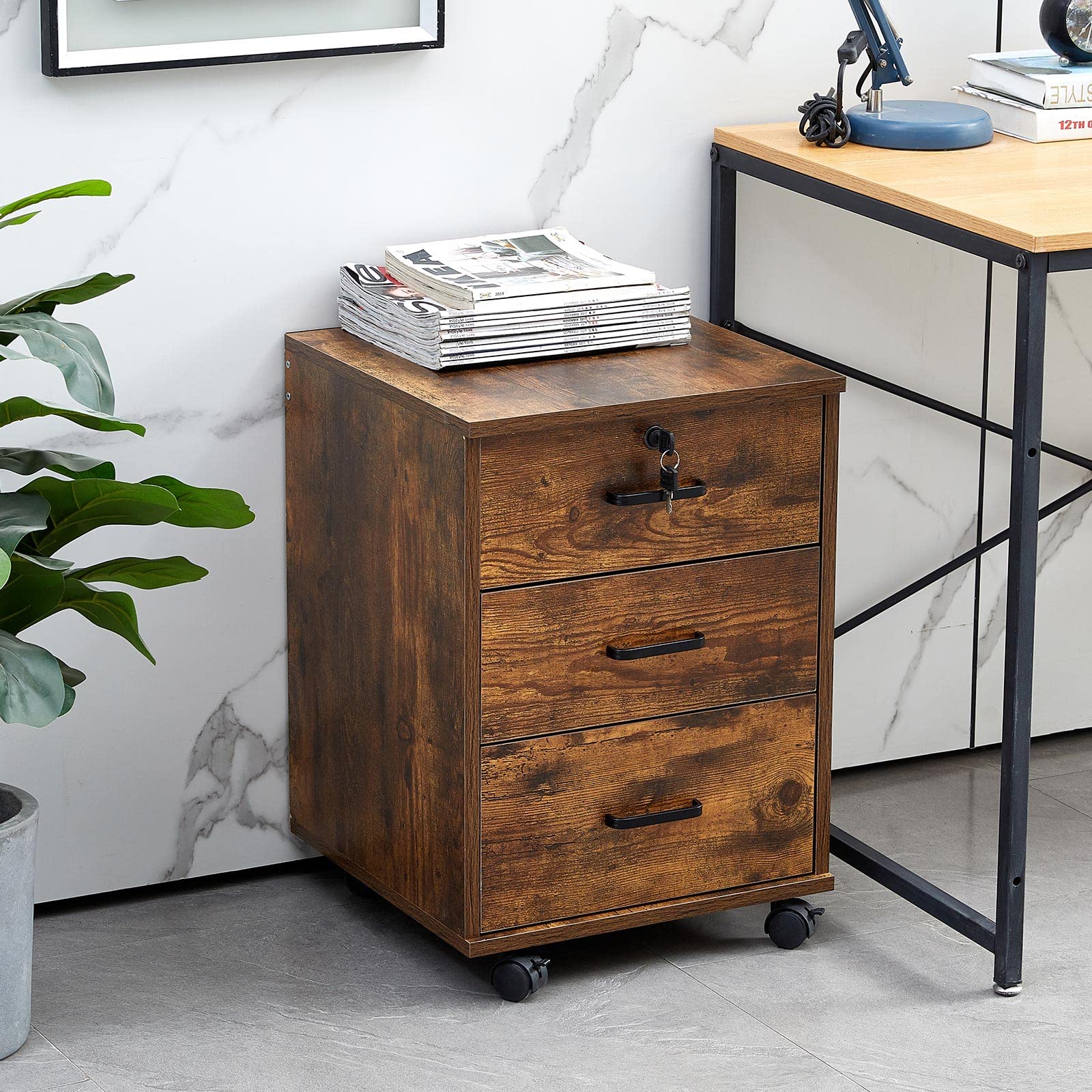 OFCASA 3 Drawer Mobile File Cabinet with Lock, Wooden Under Desk Filing Cabinet with Wheels, Small Rolling Storage Cabinet for Home Office Organizer