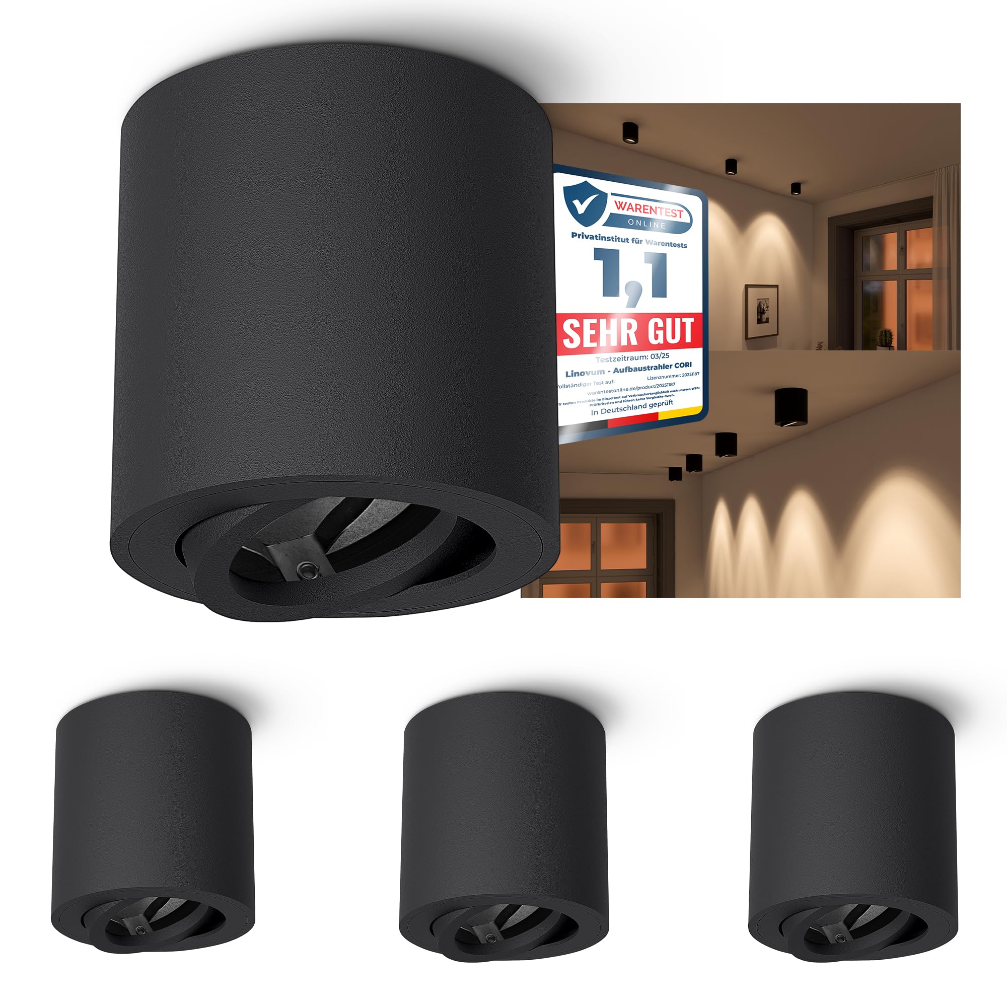 linovum CORI Aufbauspot 4er schwarz rund 30° schwenkbar für GU10 | Vier robuste Aufputzspots schwarz - Innenring 30° neigbar, für Schlaf- & Wohnzimmer, für GU10 oder Modul (ohne Leuchtmittel)