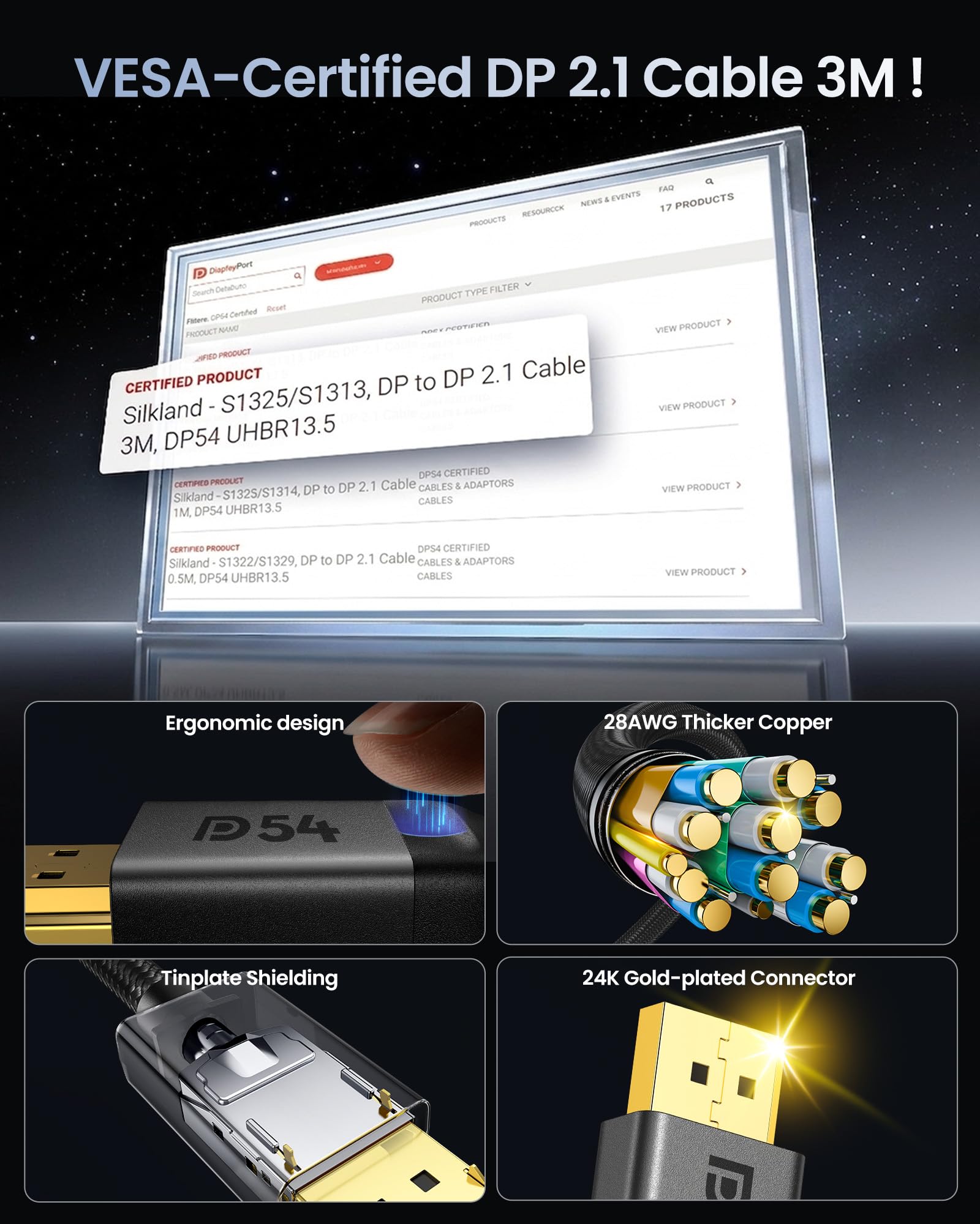 Silkland 16K Câble DisplayPort 2.1 2m Certifié VESA – 8K@120Hz 4K@240Hz 360Hz HDR FreeSync G-Sync 3D VRR 54Gbit/s, Tressé Câble DP pour Carte Graphique RTX 5090/4090, écran Gaming PC VR moniteur
