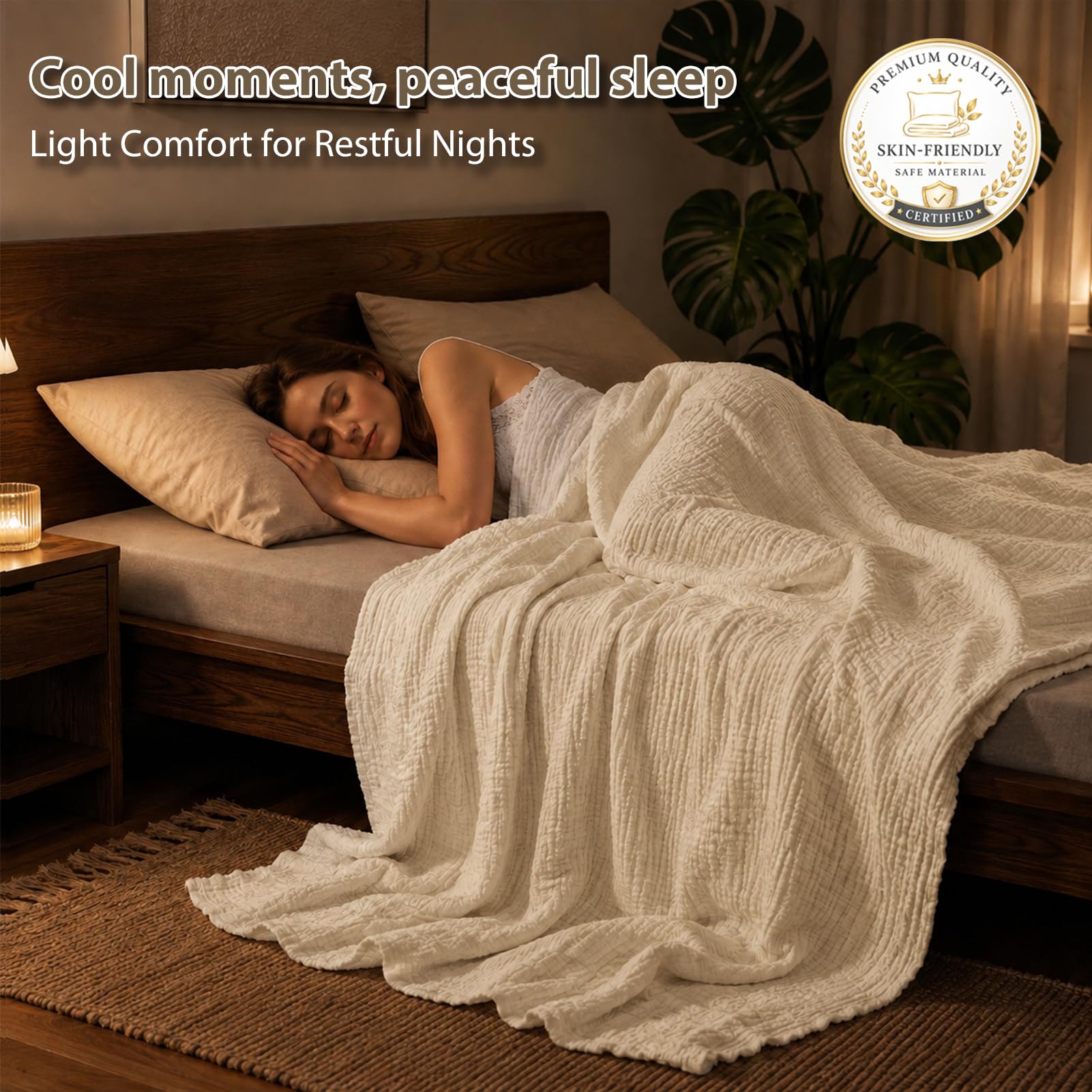 Coperta in mussola, 150 x 200 cm, 6 strati, in 100% cotone, prelavata, morbida e traspirante, leggera coperta estiva per letto e divano (beige chiaro)