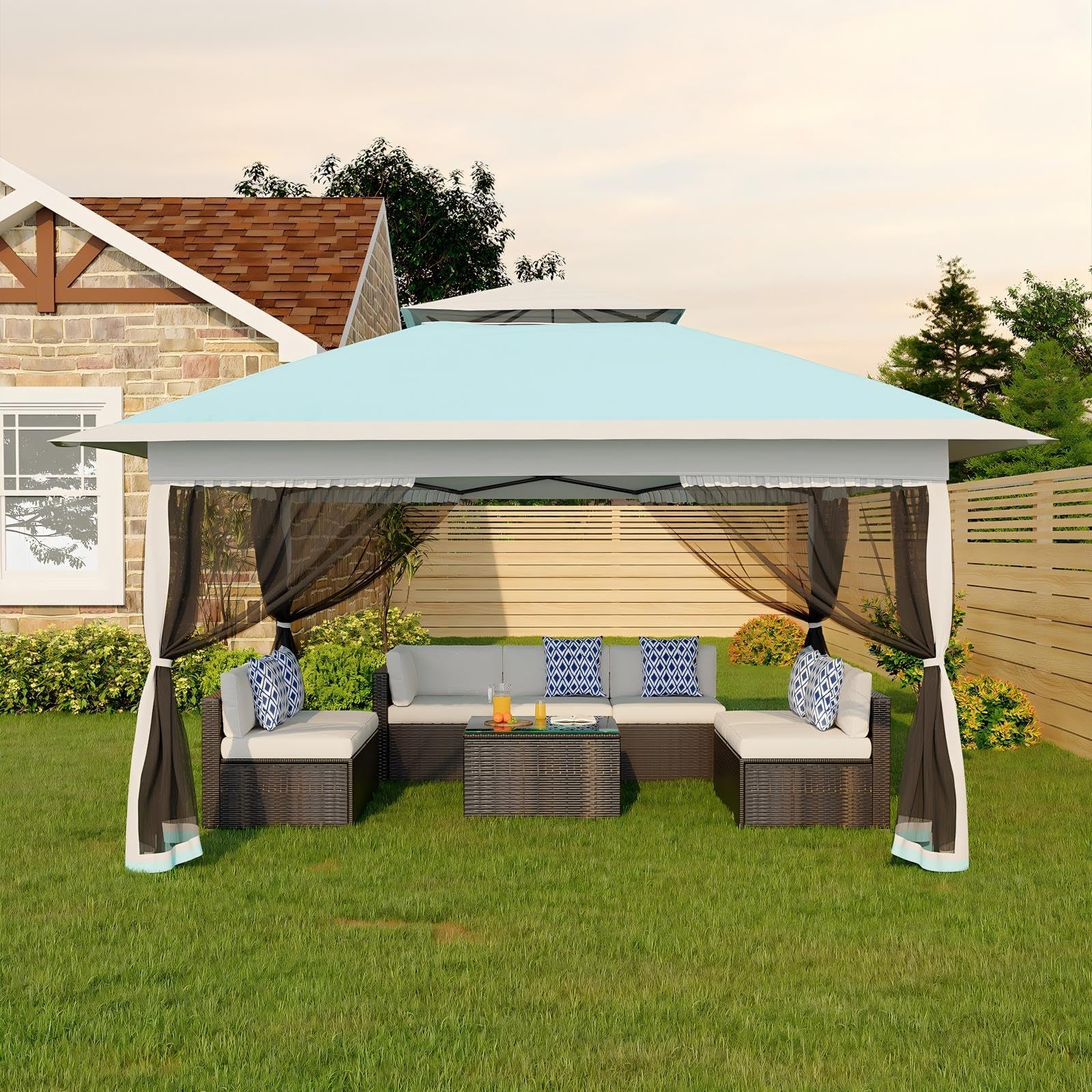 Aptliton Pop Up Gazebo 3x3M, Double Roof Foldable Waterproof Outdoor Gazebo UPF 50+, One-Push Setup with 4 Sandbags & Mosquito Netting, Height Adjustable for Backyard & Outdoor Events, Blue
