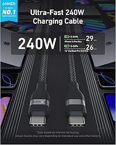 Anker Nano USB C Cable Softline, 240W 3FT Flexible Multi-Color Braided Cord, Fast Charging Type C Charger for iPhone 17 Series, MacBook Pro and More(Black)