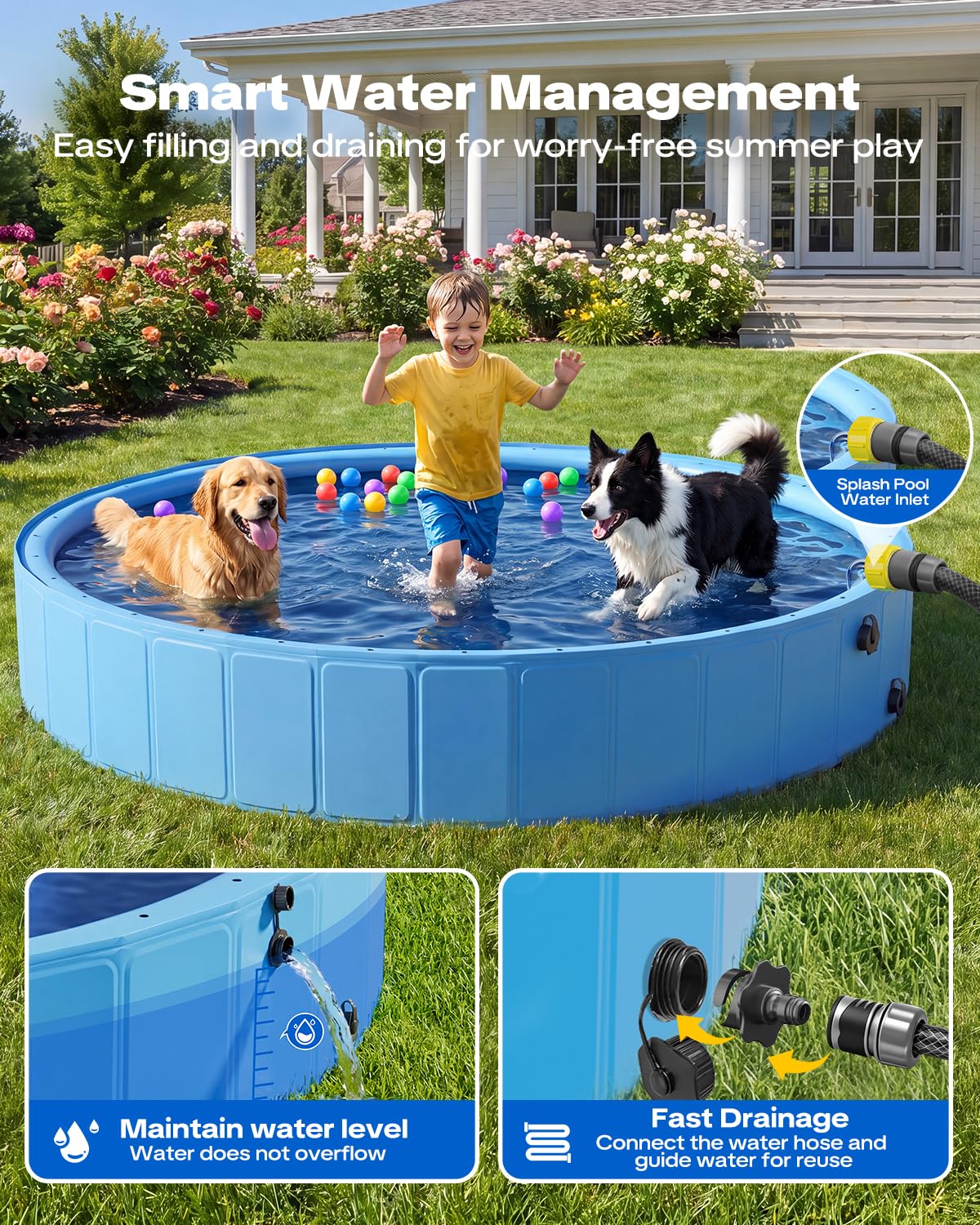 Raxurt Faltbarer Hundepool mit Sprühkopf, 79inch strapazierfähiger Hundepool, 2-in-1 rutschfeste PVC-Badewanne für Haustiere für den Außenbereich im Garten